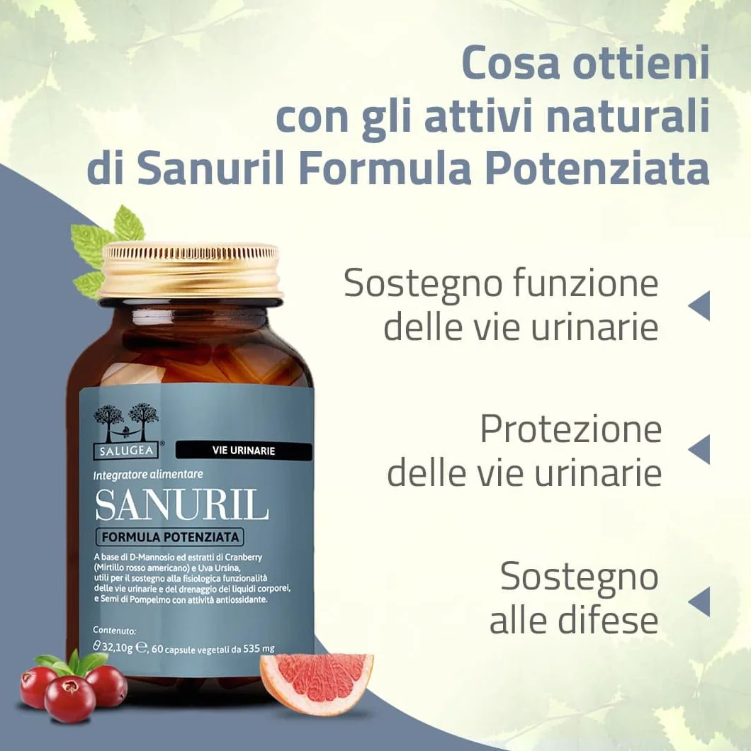 SANURIL Formula Potenziata Salugea Integratore 100% Naturale D-Mannosio Cranberry Uva Ursina Semi di Pompelmo Benessere Vie Urinarie 60 Capsule Flacone Vetro
