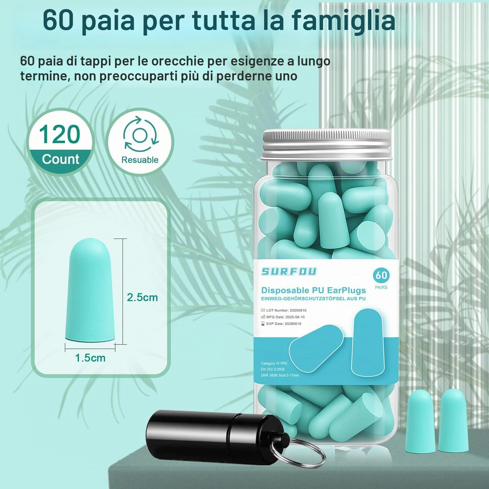 SURFOU Tappi Orecchie Dormire, 60 Paia, Riduzione Rumore 38 dB, Riutilizzabili e Confortevoli, Ideali per Russare, Studio, Viaggio, Moto, Ufficio, Dormitori Laterali, Turchese