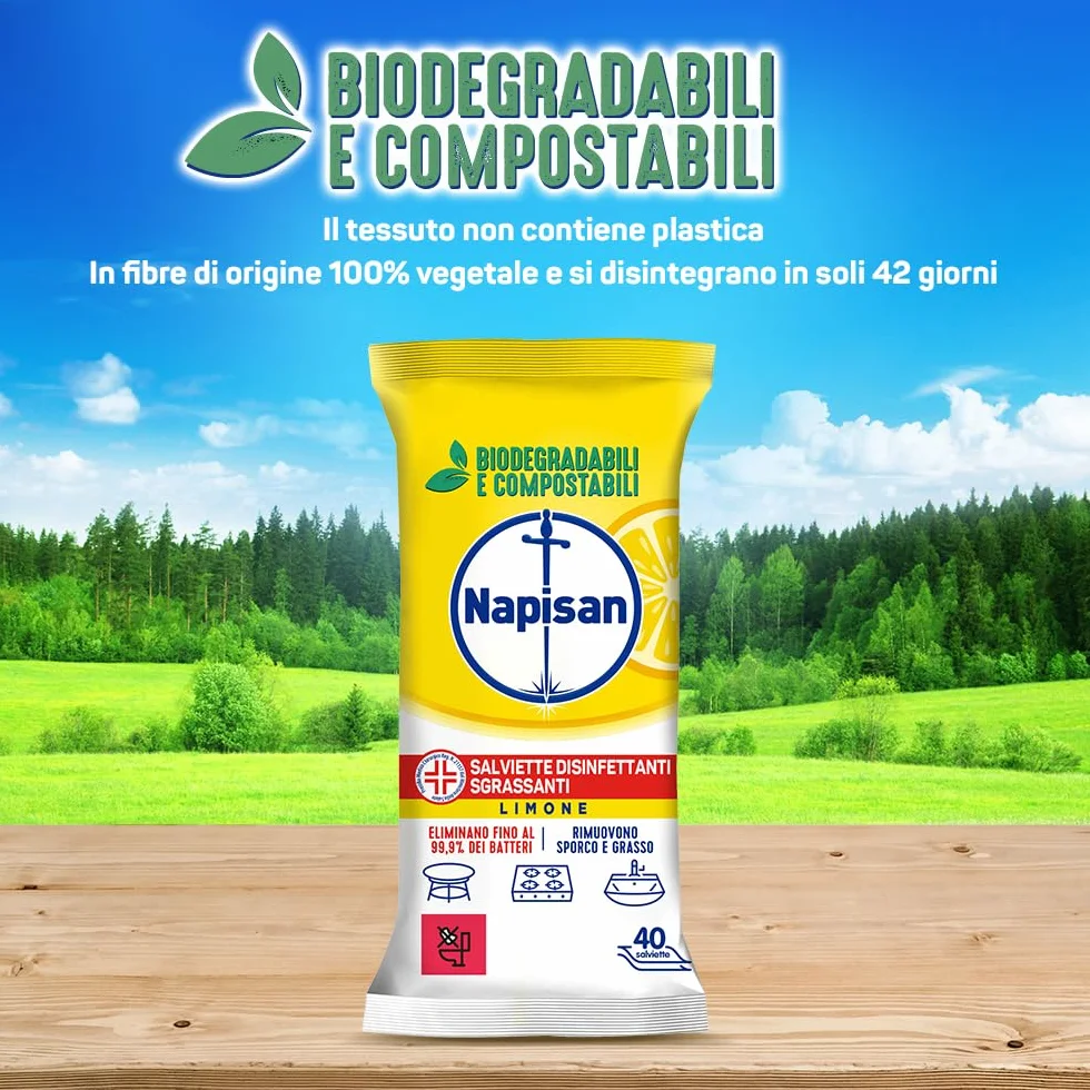 Napisan Salviette Disinfettanti Sgrassanti al Limone 5x80 Biodegradabili Compostabili Multisuperfici