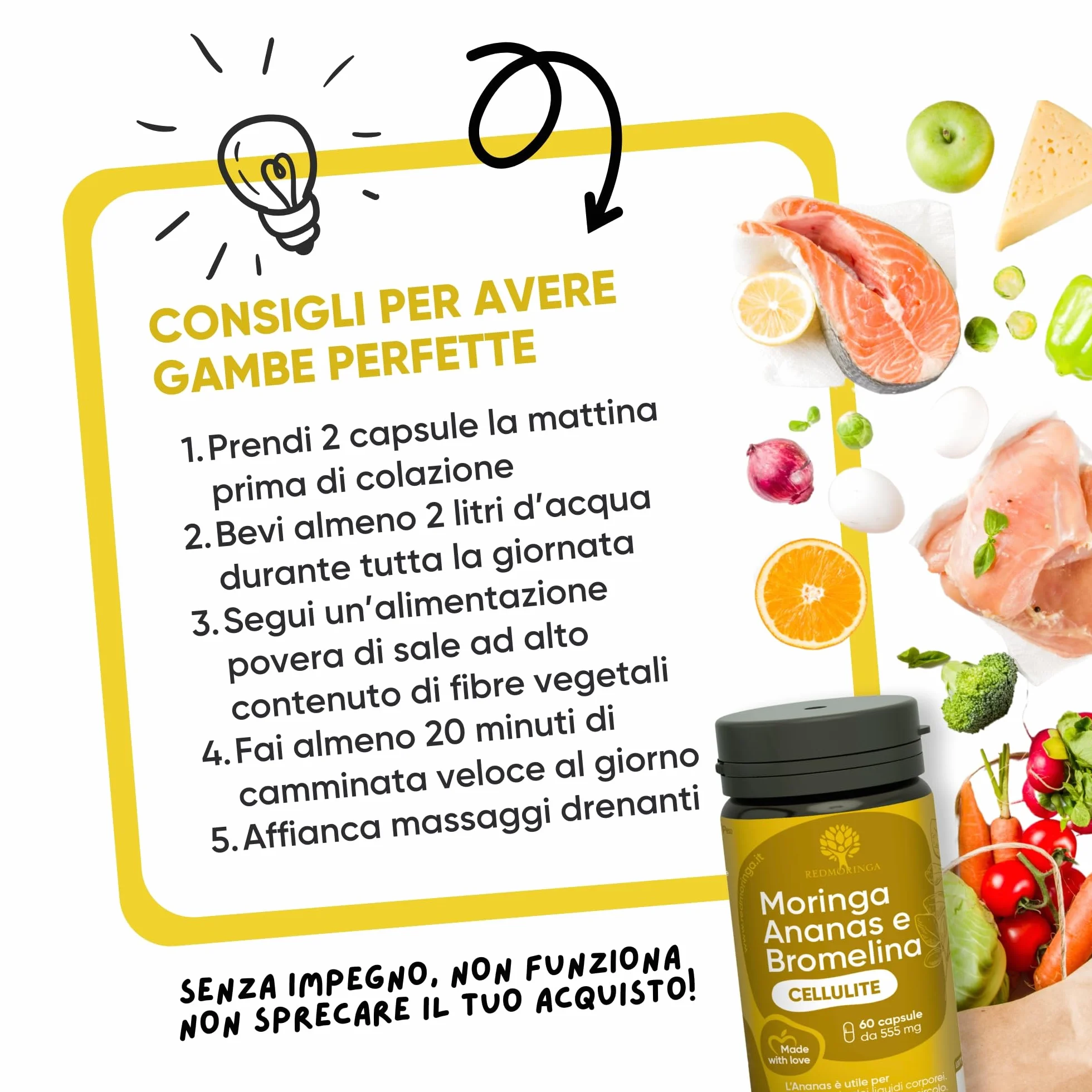 Bromelina Forte Drenante 5000 GDU 100% Naturale Anticellulite Integratore con Moringa Bio e Ananas 60 Capsule Vegane Made in Italy RedMoringa
