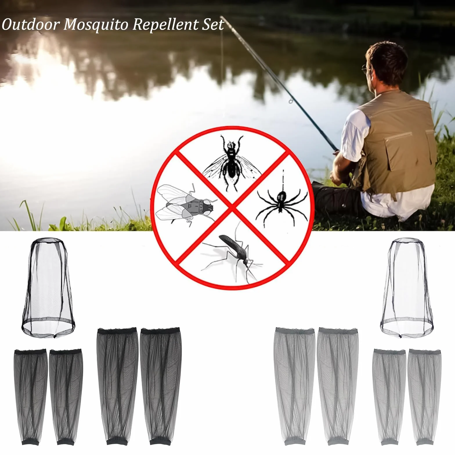 Zanzariera Testa Rete 5Pcs Cappello Traspirante Mesh Maniche Anti-Zanzare Braccia Gambe Viso Borsa Outdoor Pesca