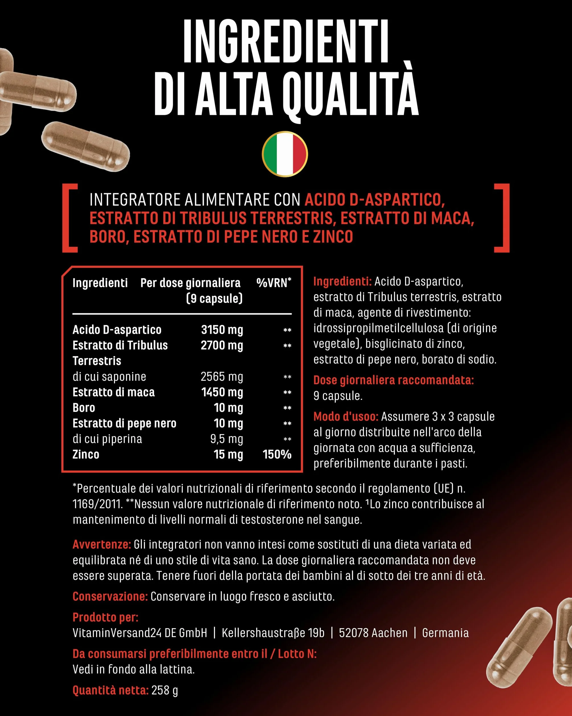 Testo MAX® - 270 Capsule - Extra Alto Dosaggio con 7323 mg per Dose Giornaliera - con Acido D-Aspartico - Tribulus - Estratto di Maca - Boro - Zinco - Aminoacidi - Vegano