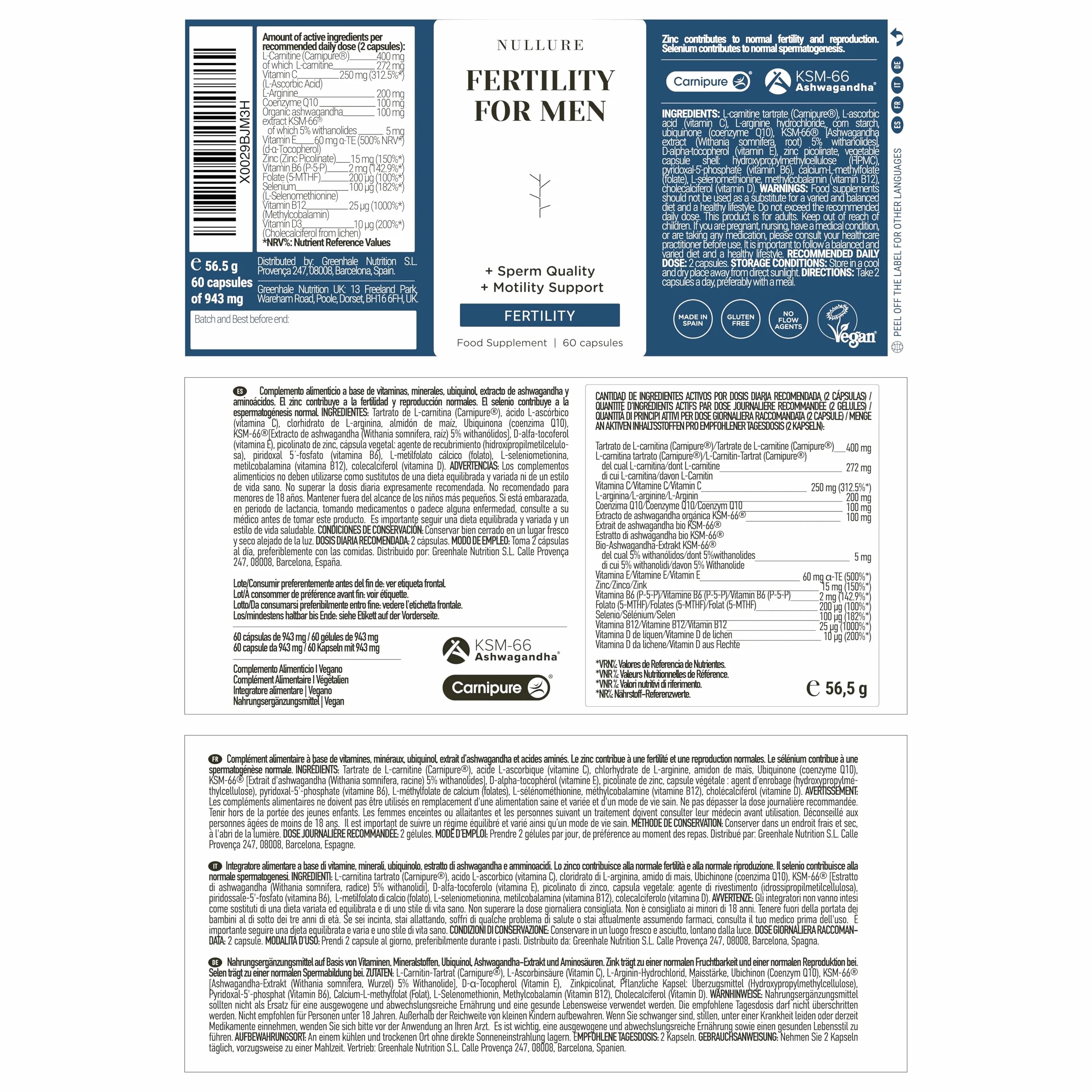 Nullure Integratore Fertilità Uomo L-Carnitina CoQ10 Arginina Zinco 60 caps Vegano Senza Additivi
