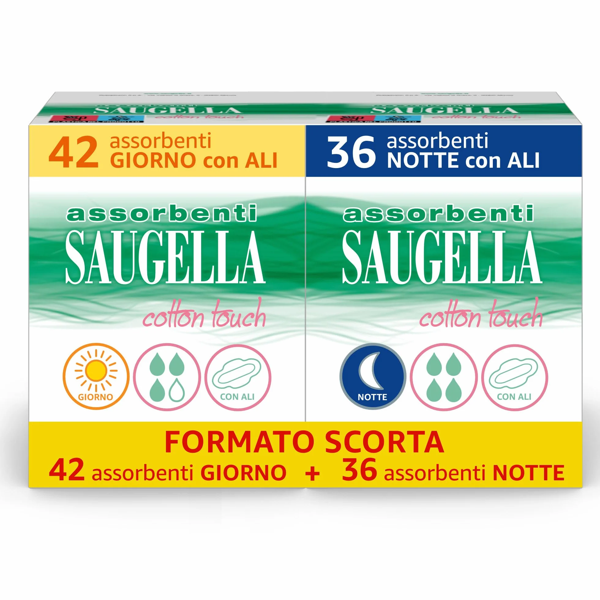 Saugella Assorbenti Cotton Touch Giorno & Notte 42+36 Cotone con Ali Antibatterico Antiodore Lenitivo
