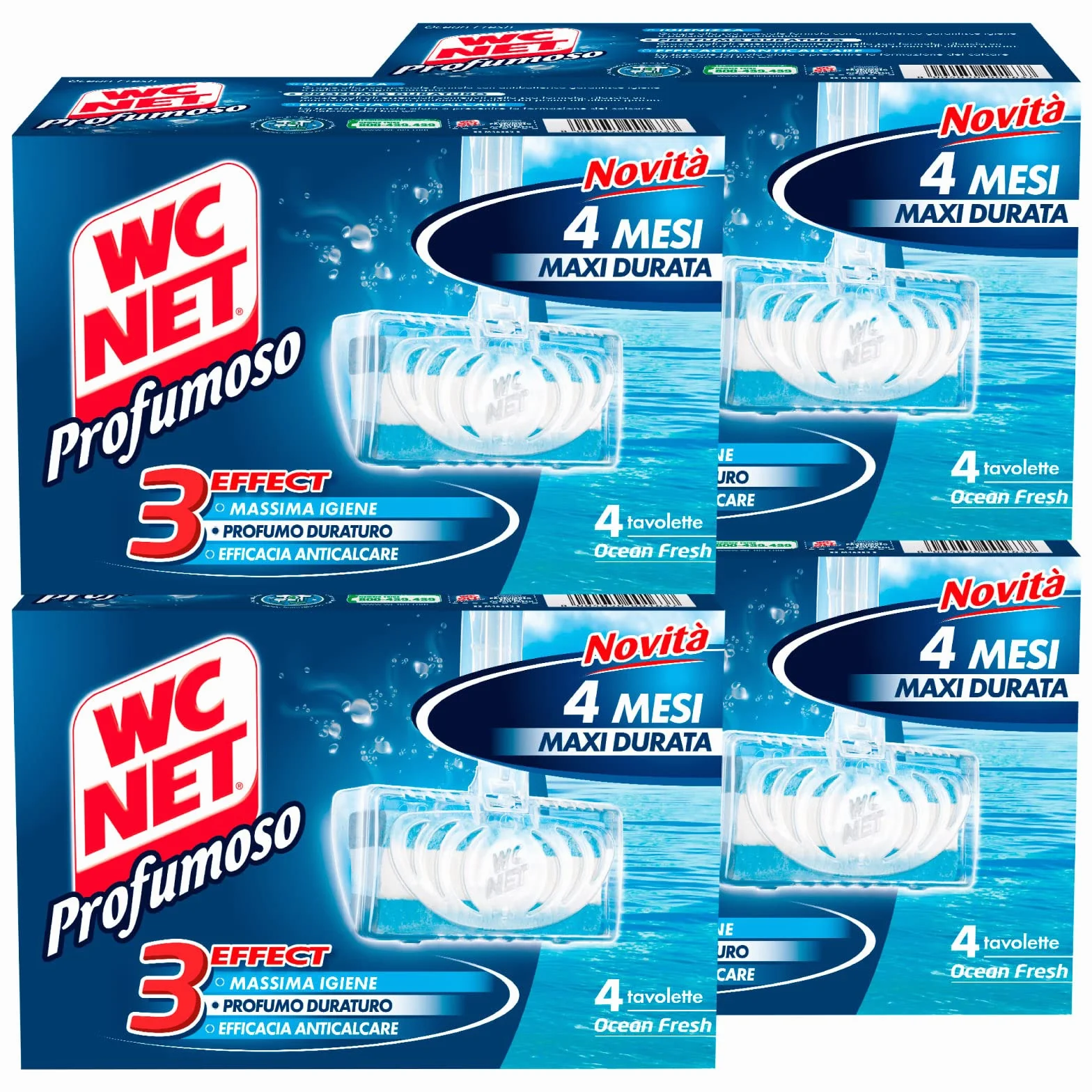 Wc Net - Tavoletta Profumoso 3 Effect, Detergente Igienizzante Solido per WC, Fragranza Ocean Fresh, 4 Pezzi x 4 Confezioni