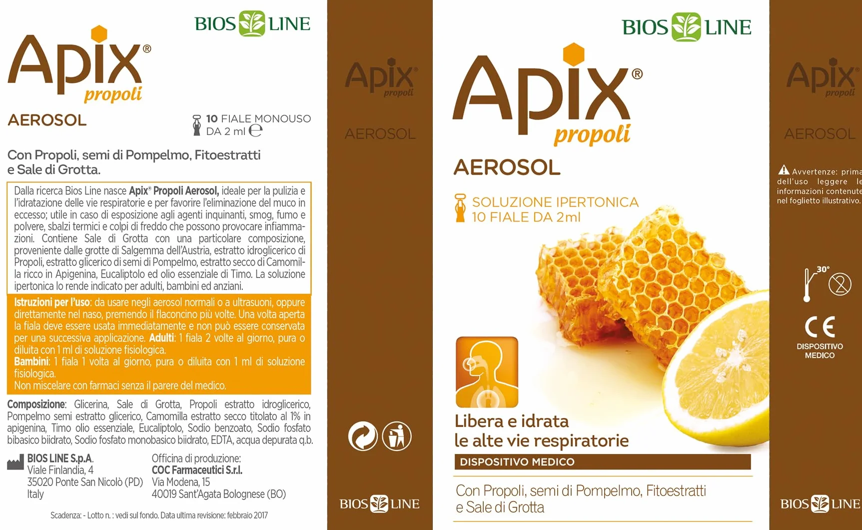 BIOS LINE Apix Propoli Aerosol Dispositivo Medico CE con Propoli naturale e Semi di Pompelmo Monodose 10 fiale da 2 ml