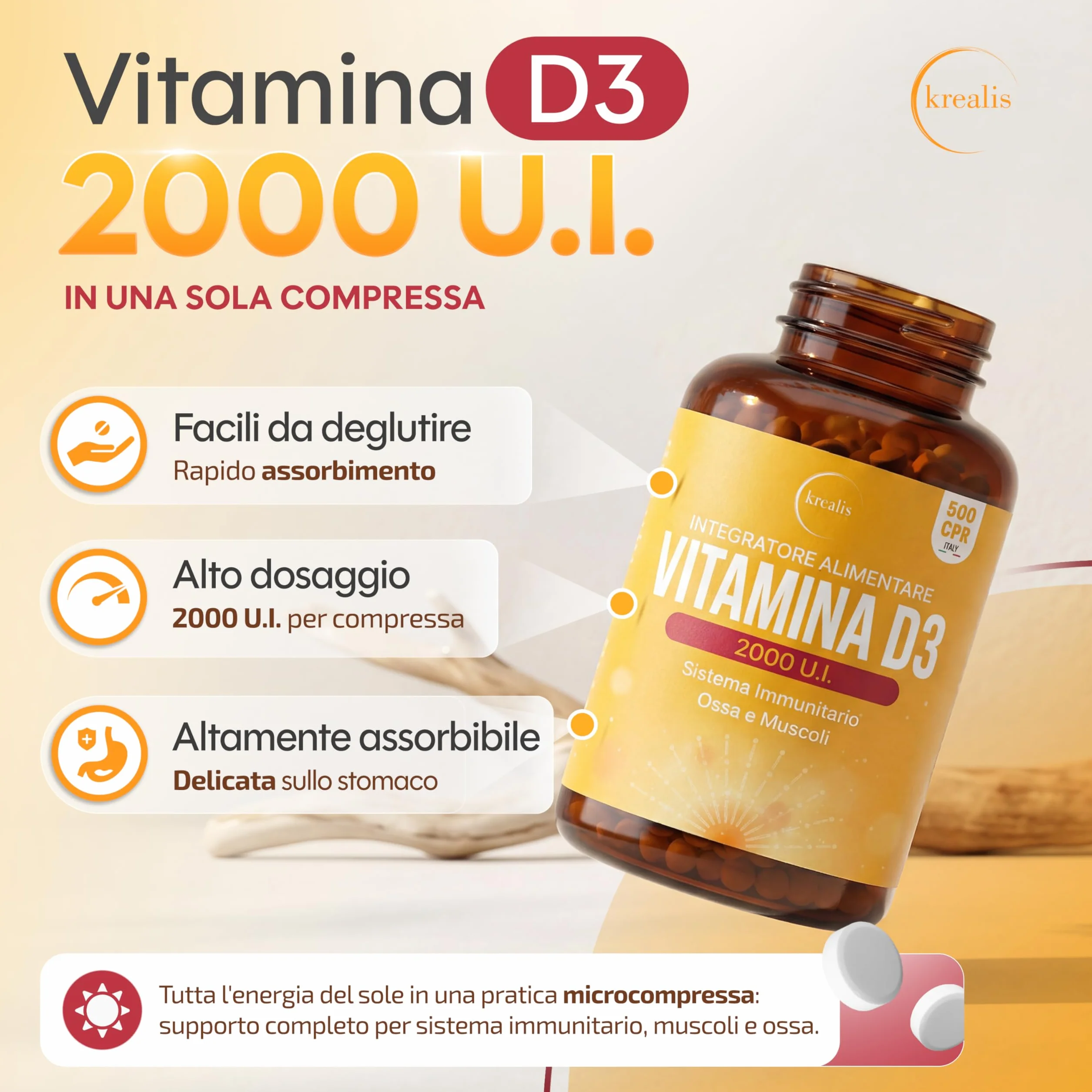PREZZOLANCIO Vitamina D3 2000 UI – MAXI Formato 500 Micro-Compresse, Integratore di Vitamina D Colecalciferolo Pura Alto Dosaggio, Supporto per il Sistema Immunitario, Ossa e Muscoli,Facile da Assumer