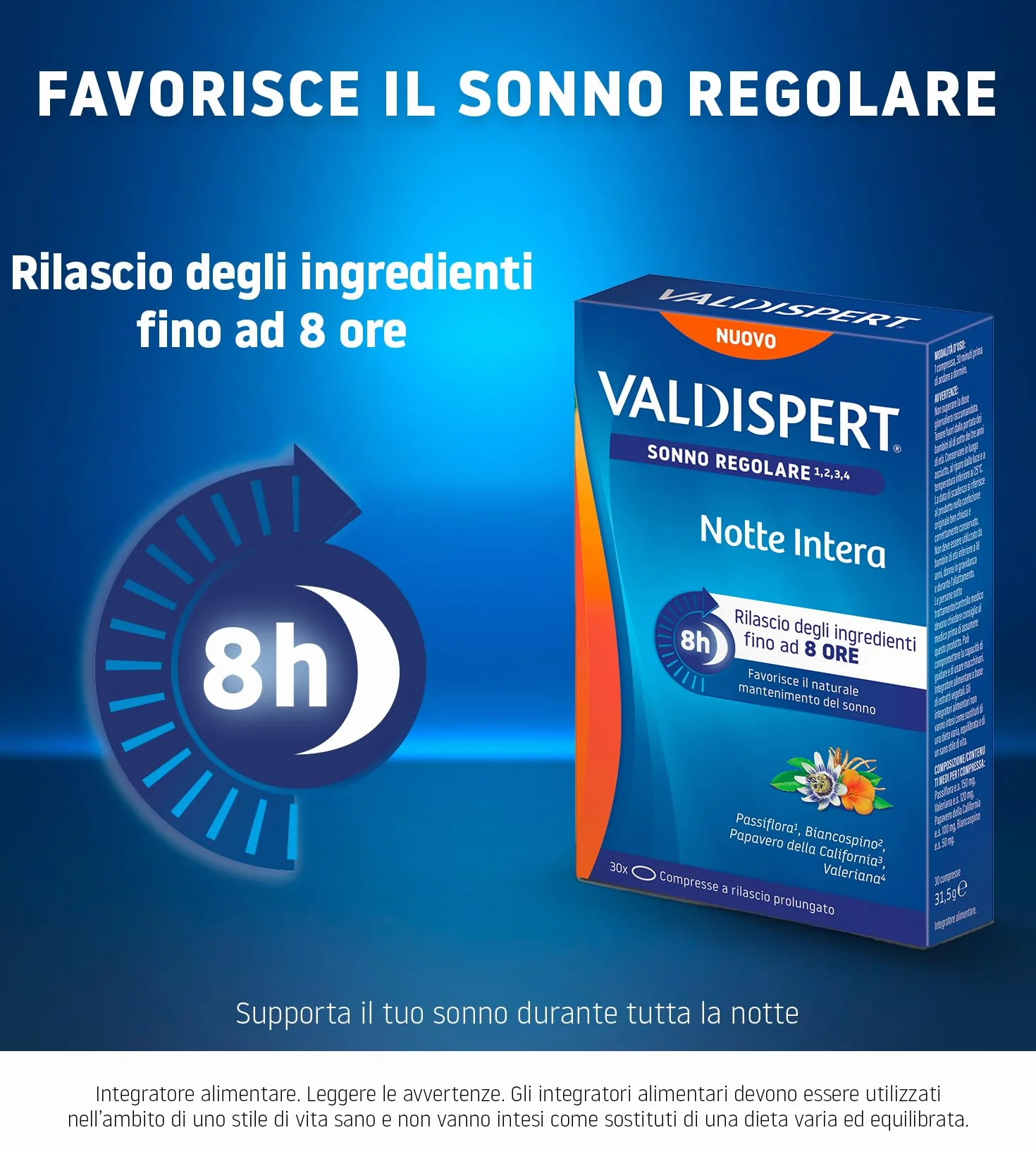 Valdispert Notte Intera 30 Compresse a Lento Rilascio per il Sonno Regolare con Valeriana, Passiflora, Biancospino e Papavero della California