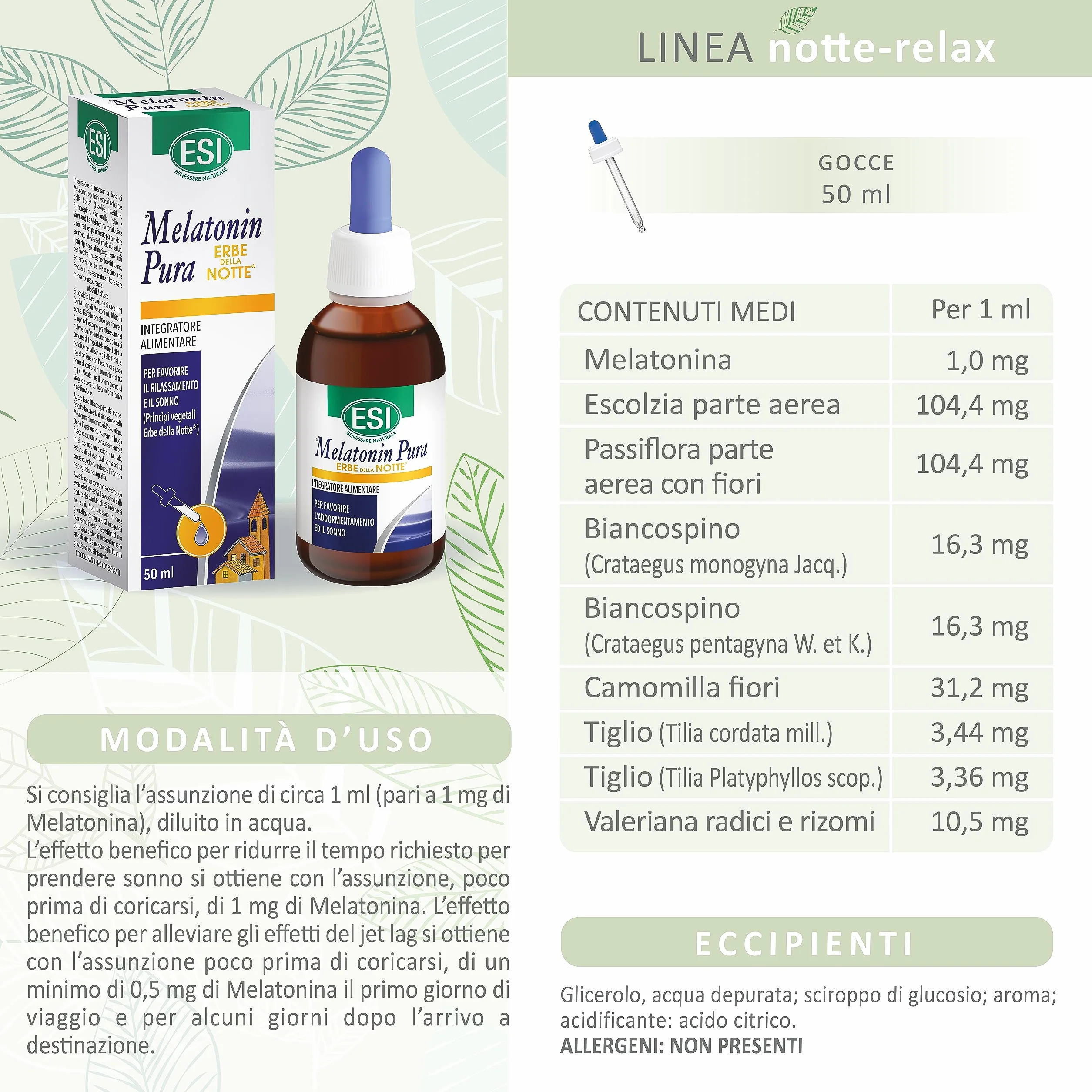 ESI Melatonina Gocce Integratore Alimentare Sonno Passiflora Biancospino Camomilla Senza Glutine Vegan 50 ml