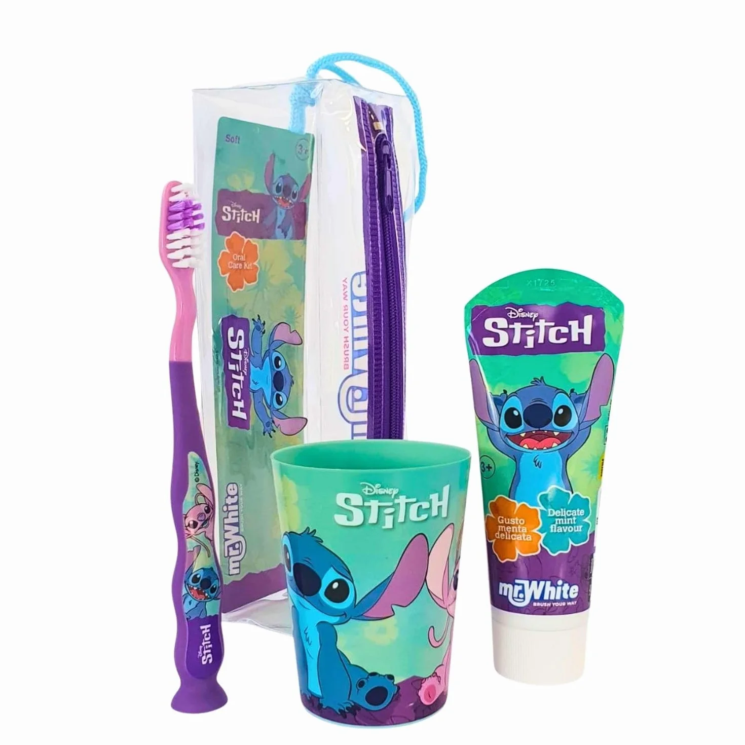 Disney Stitch - Set di spazzolini da denti per bambini, con setole morbide, ventosa e tappo protettivo, dentifricio alla menta e bicchiere multiuso, kit per l'igiene orale da viaggio per bambini dai 3