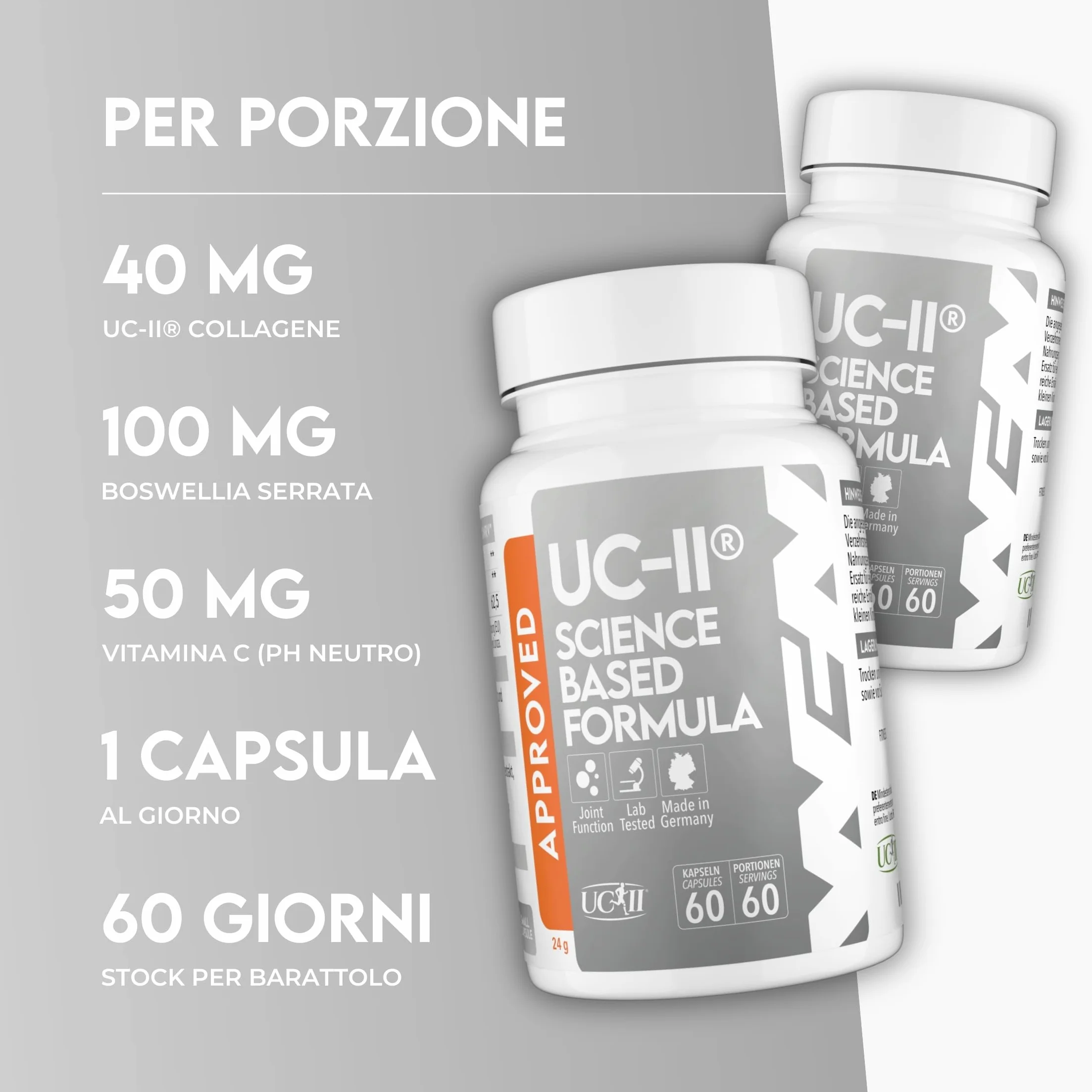 UC-II Collagene tipo 2 non denaturato 60 capsule Complesso articolare con Vitamina C e Boswellia Serrata