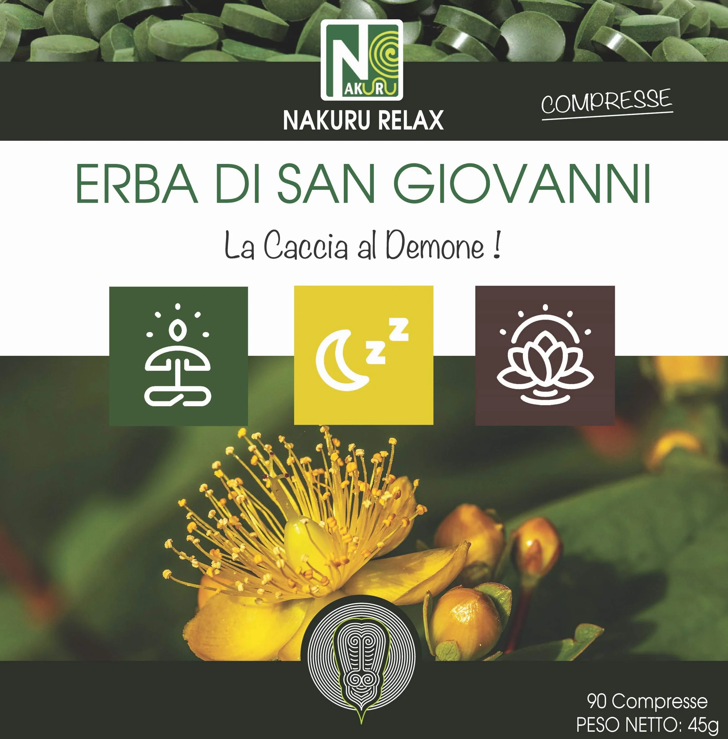 Erba di San Giovanni / 90 compresse da 500mg / NAKURU Relax/Polvere organica secca e compressa a freddo/Analizzata e condizionata in Francia / "La Caccia al Demone!" (Dorato)