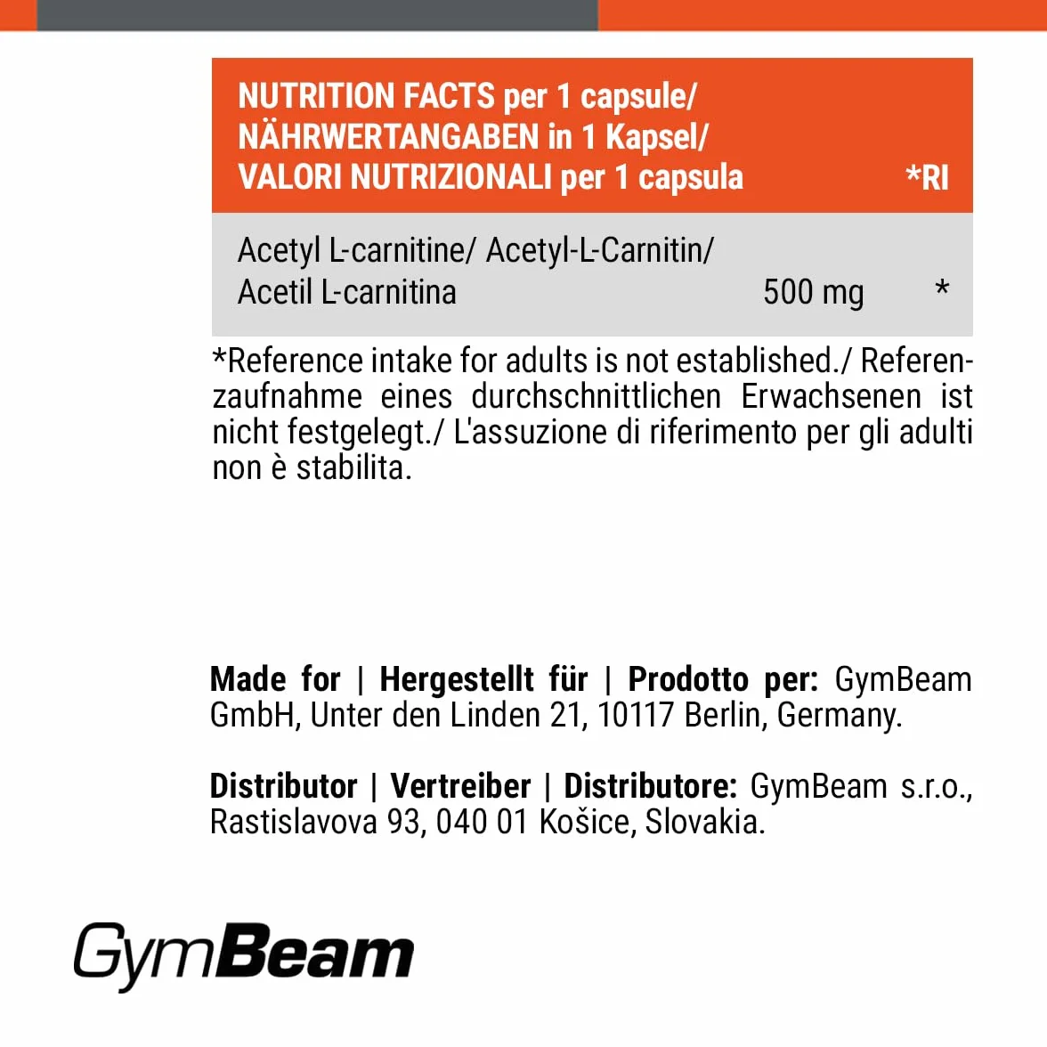 GymBeam Acetil L-Carnitina 500mg Bruciagrassi Capsule Vegane