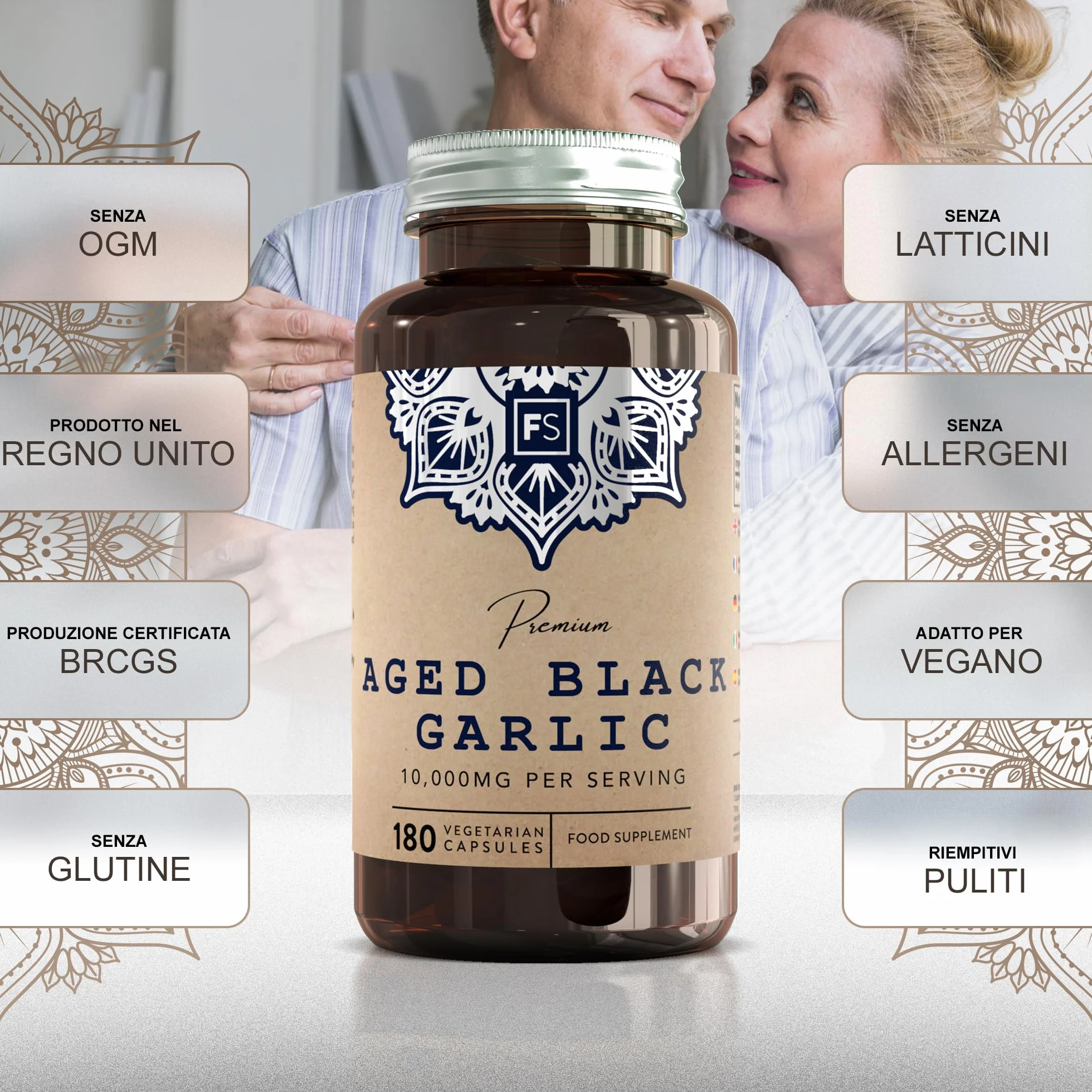 FS Aglio Nero Capsule | 180 Integratore Aglio Capsule ad Alta Potenza - 10.000mg Black Garlic Nero Fermentato per Capsula | Non-OGM, Senza Glutine e Allergeni | Prodotto nel RU
