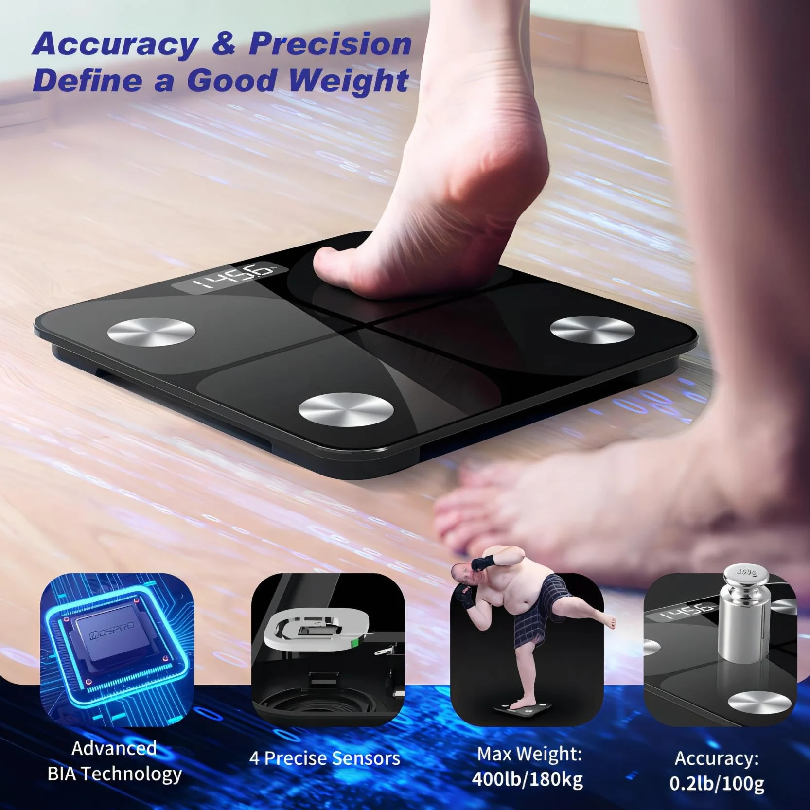 Bilancia Pesapersone Digitale Professionale Impedenziometrica Senza Fili Intelligente per iOS & Android 13 Indici 26x26cm Nero