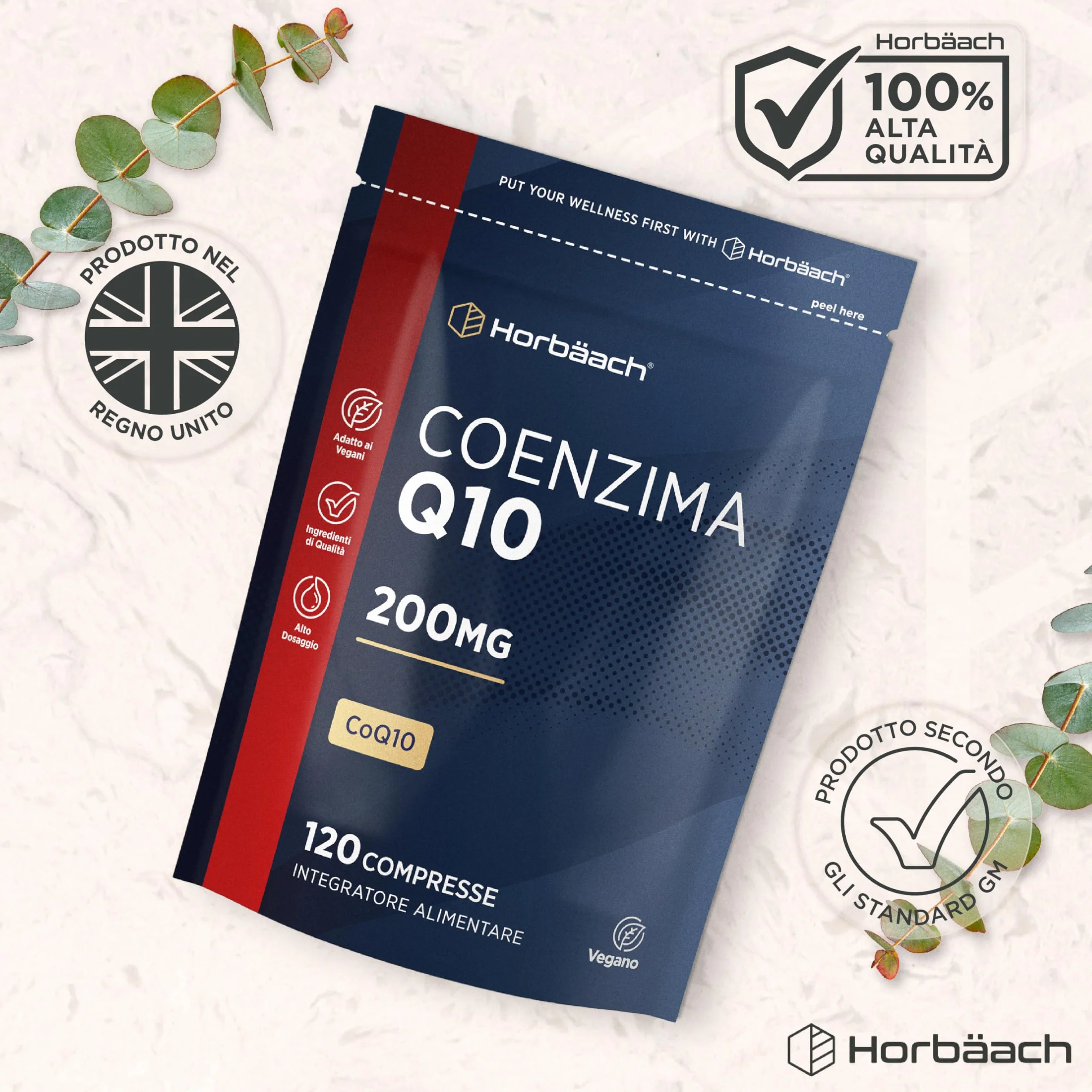 Coenzima Q10 200mg | CoQ10 200mg | 120 compresse | Adatto a vegetariani e vegani | Horbaach