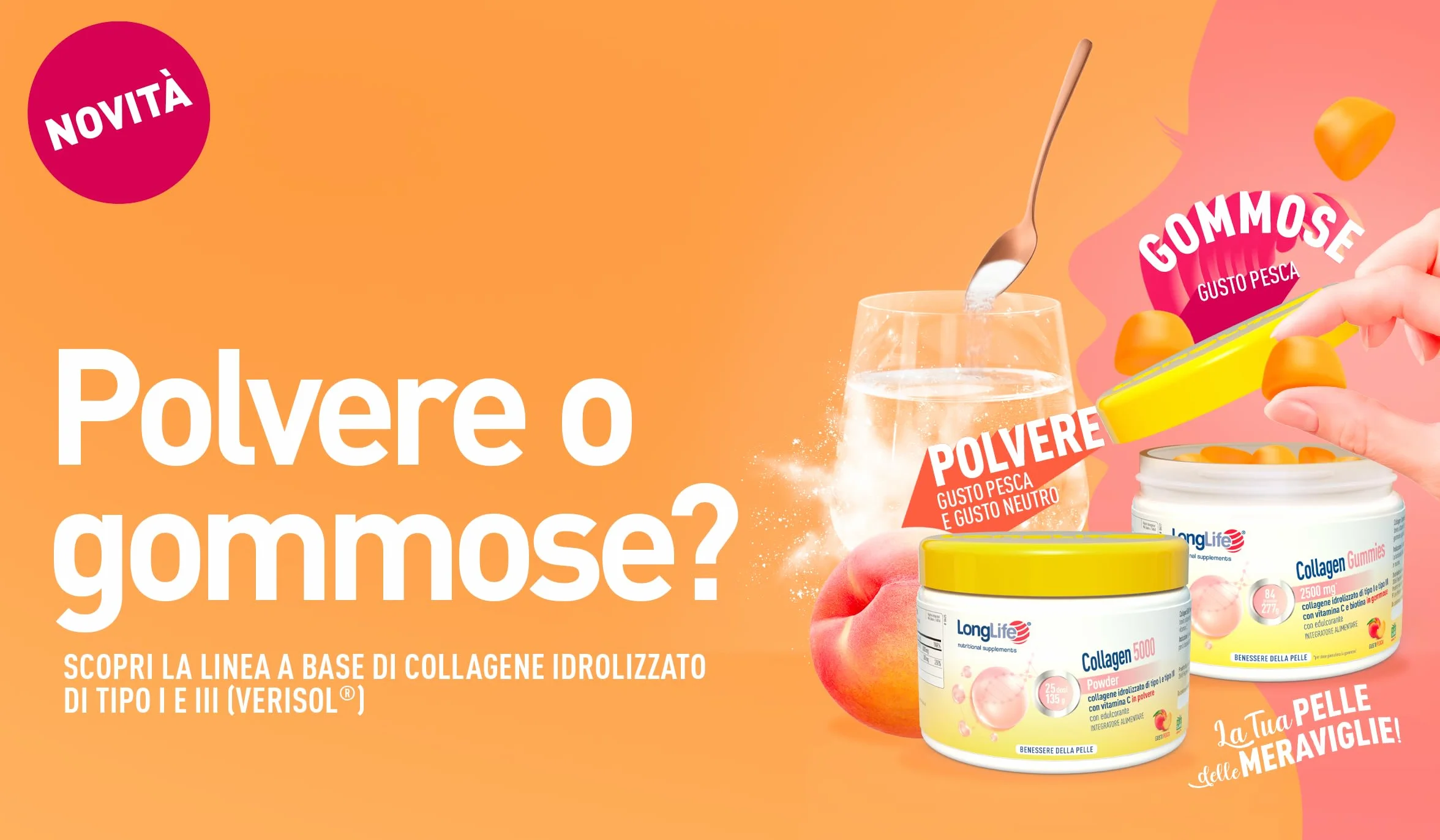 LongLife® Collagen 5000 Powder 5000 mg Verisol® Vitamina C Pelle 25 dosi Gusto pesca Senza glutine