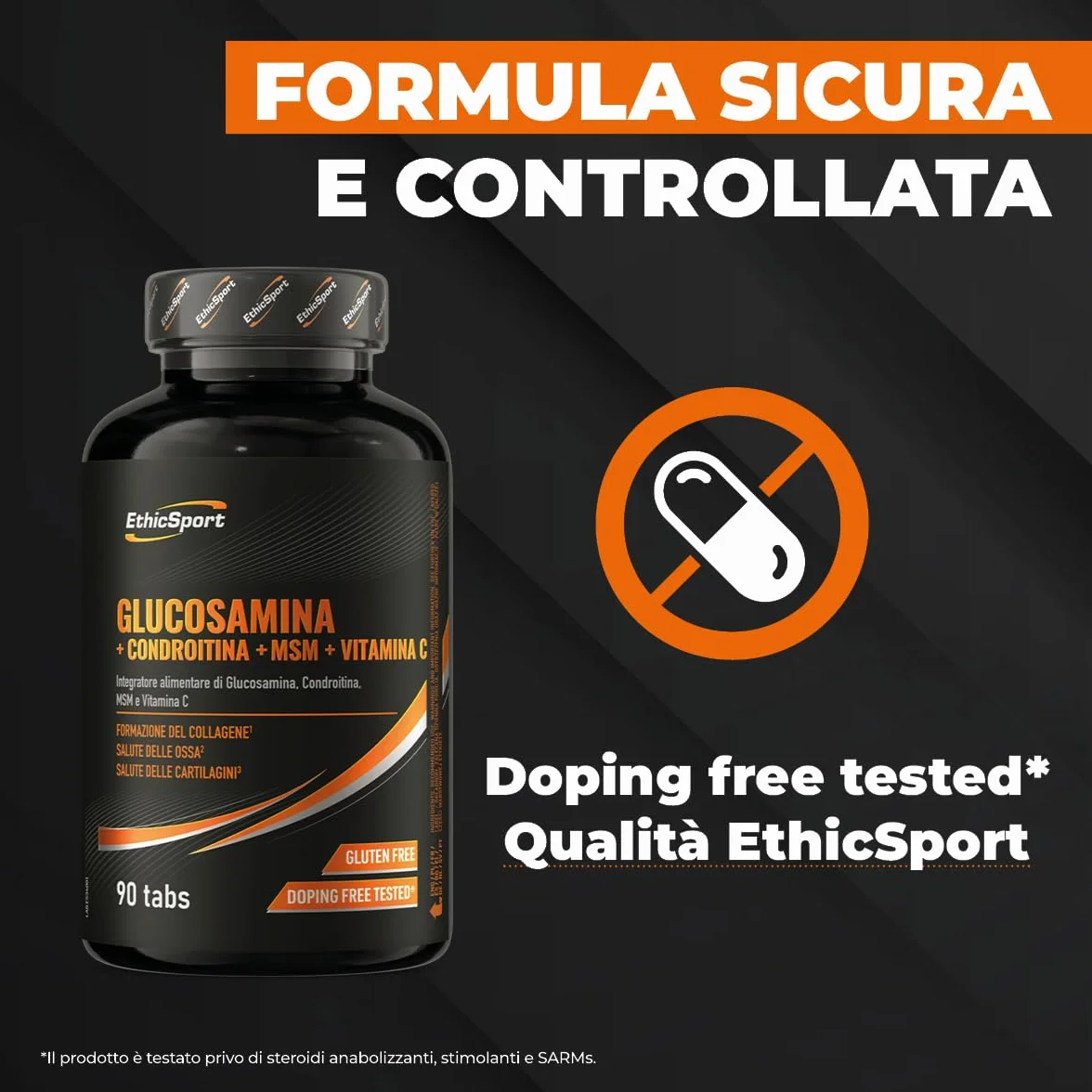 Glucosamina + Condroitina + MSM EthicSport – Integratore articolazioni con Vitamina C 100% NRV per collagene, cartilagini e ossa – 90 compresse – Gluten free, doping free tested*