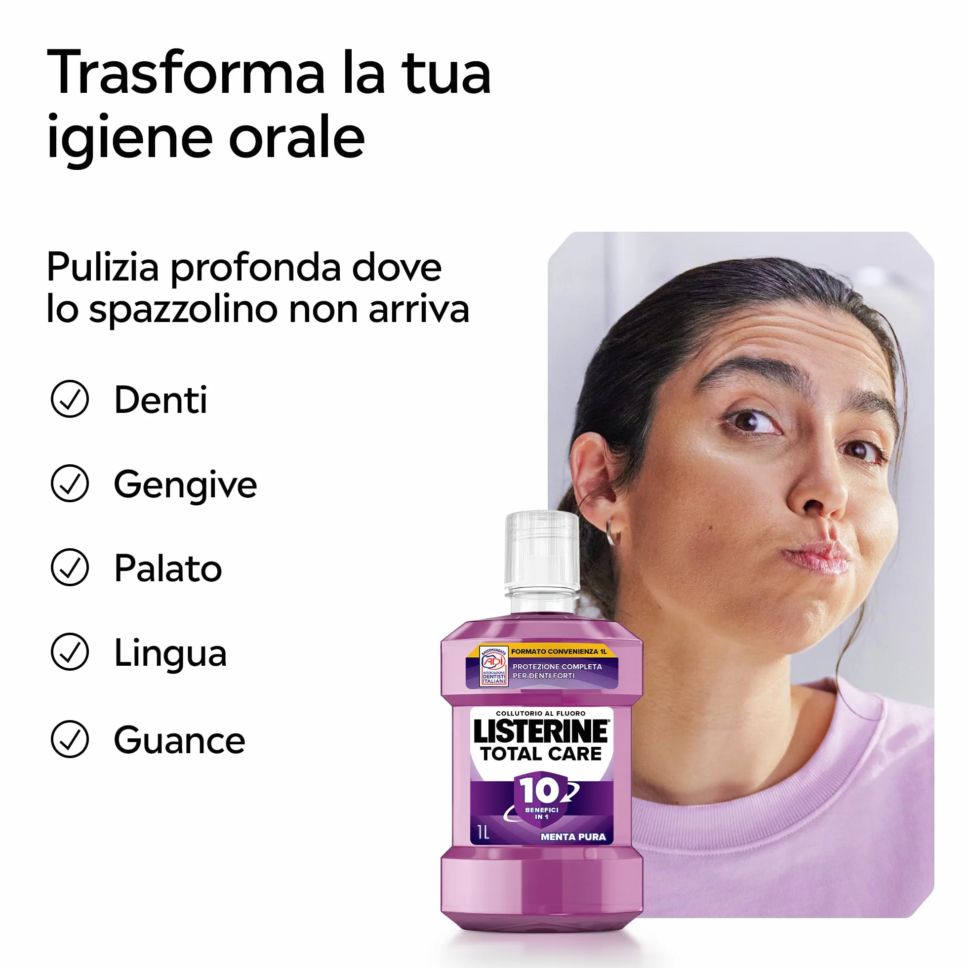 LISTERINE Total Care Collutorio al Fluoro Menta Pura 1L 10 benefici in 1