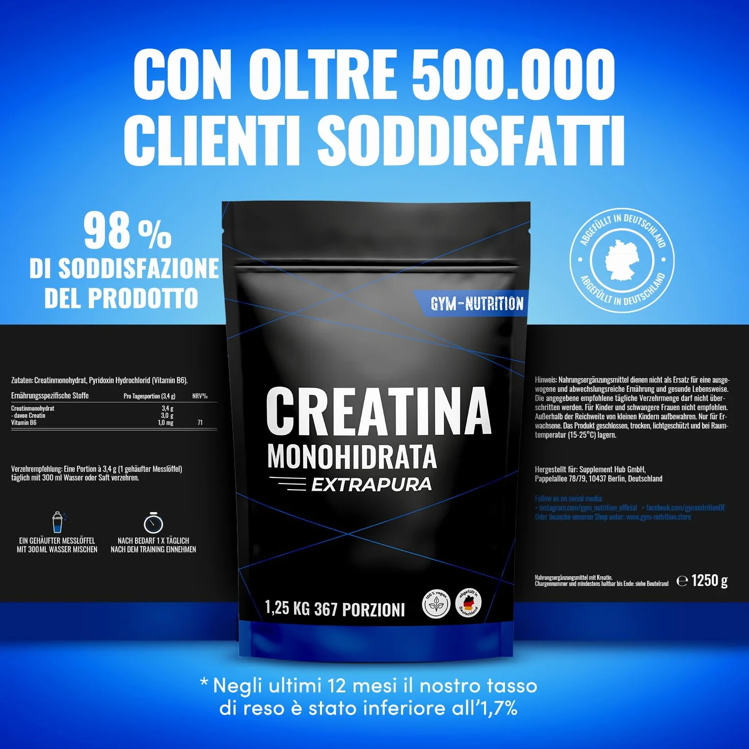 Creatina Monoidrata Polvere Extrapura - 1,25 kg (367 Porzioni) con Vitamina B6 - Vegan e Prodotta in Germania - Creatine Monohydrate Powder