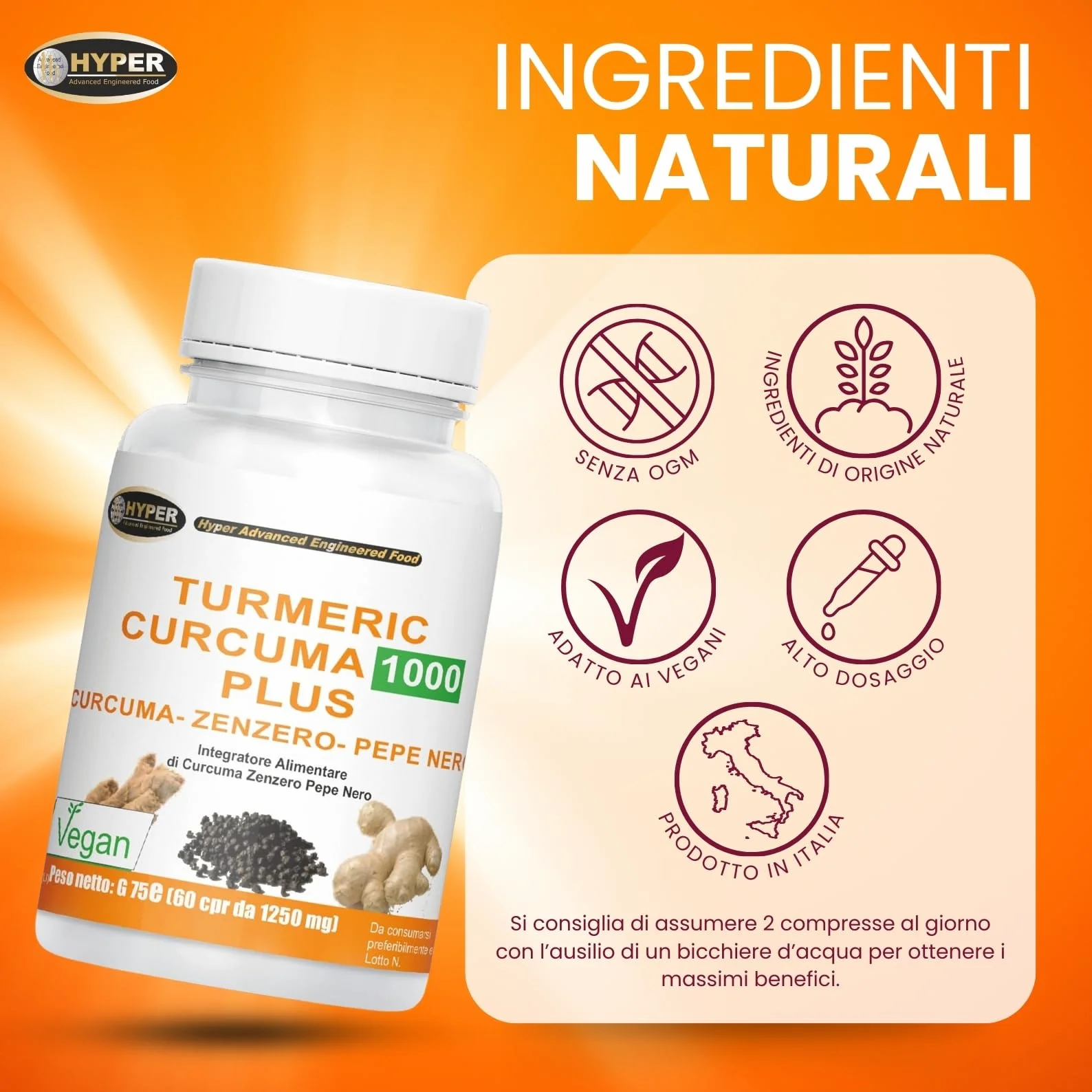 Hyper Turmeric Curcuma e Piperina Plus 1000mg - Integratore Antiossidante e Antinfiammatorio Naturale, 60 Compresse Made in Italy