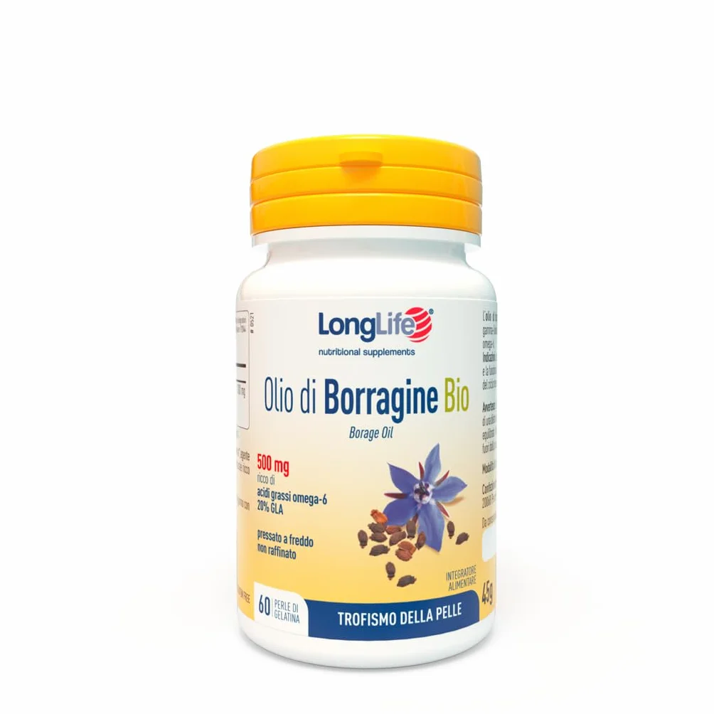 Olio di Borragine Bio 500mg Integratore GLA 20% Omega 6 60 Perle Biologico Senza Glutine