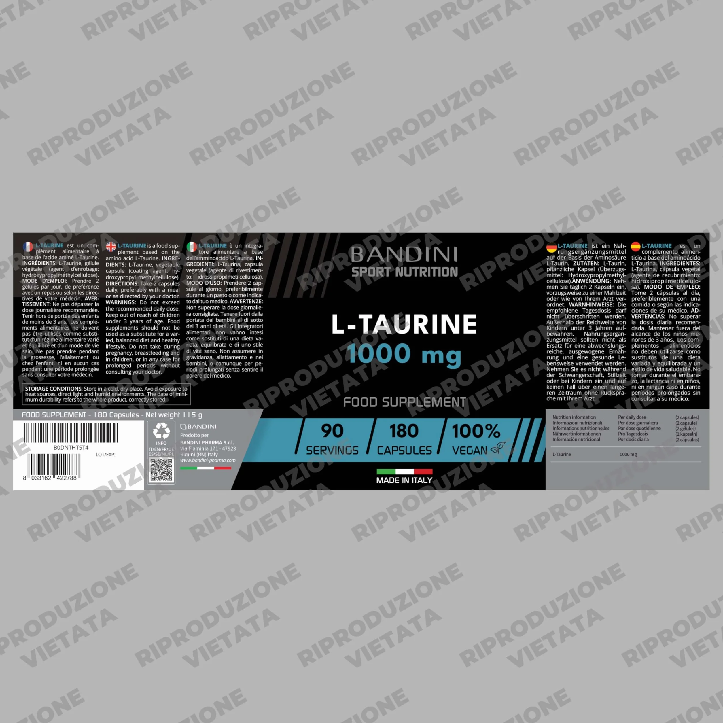 Bandini Taurina Integratore 1.000mg per Dose 180 Capsule Taurine Pura Polvere Vegan Alto Dosaggio L-Taurina 1000 mg Senza Magnesio Stearato