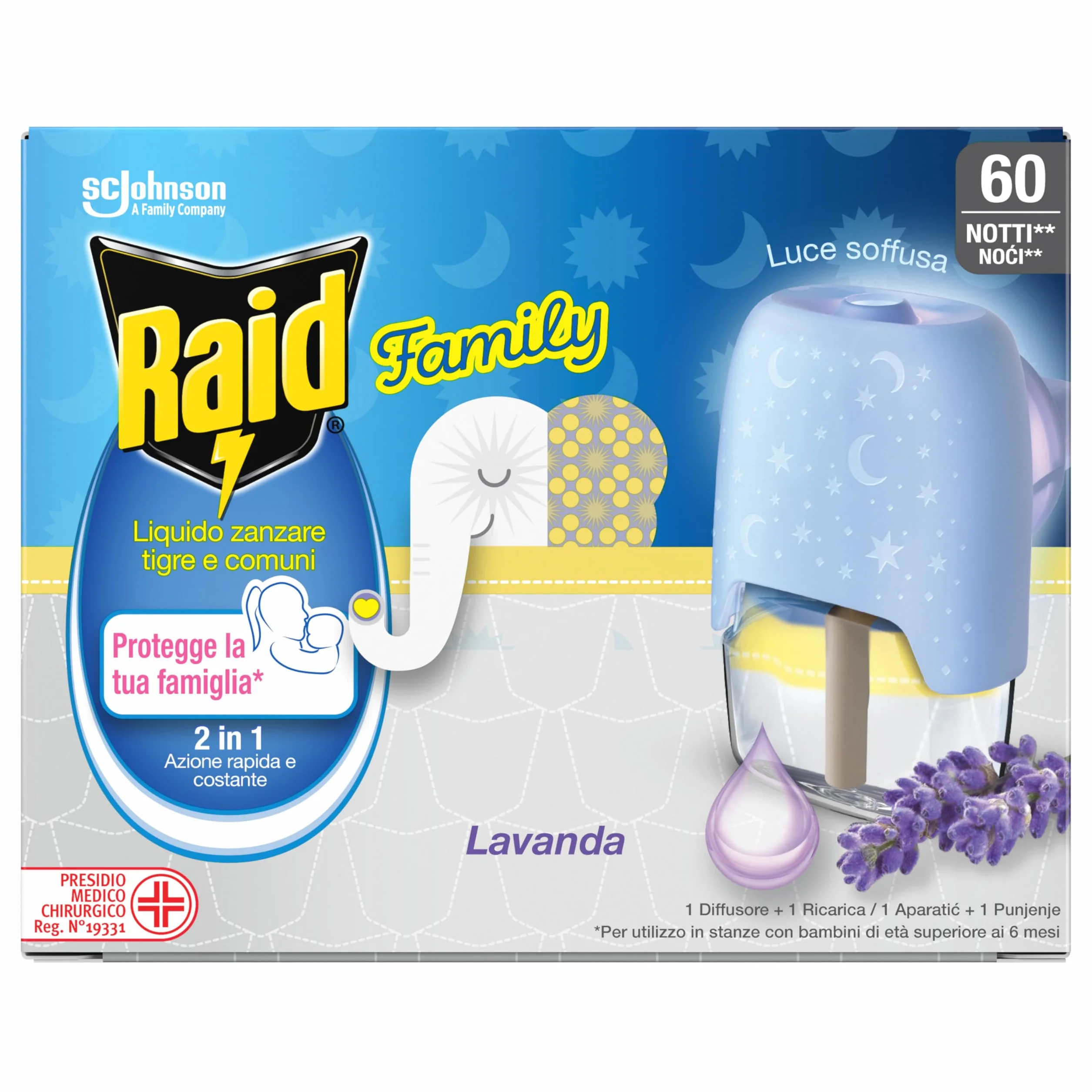 Raid Family Liquido Antizanzare Comuni e Tigre, Fragranza alla Lavanda, 1 Confezione da 1 Diffusore e 1 Ricarica da 36ml, 60 Notti