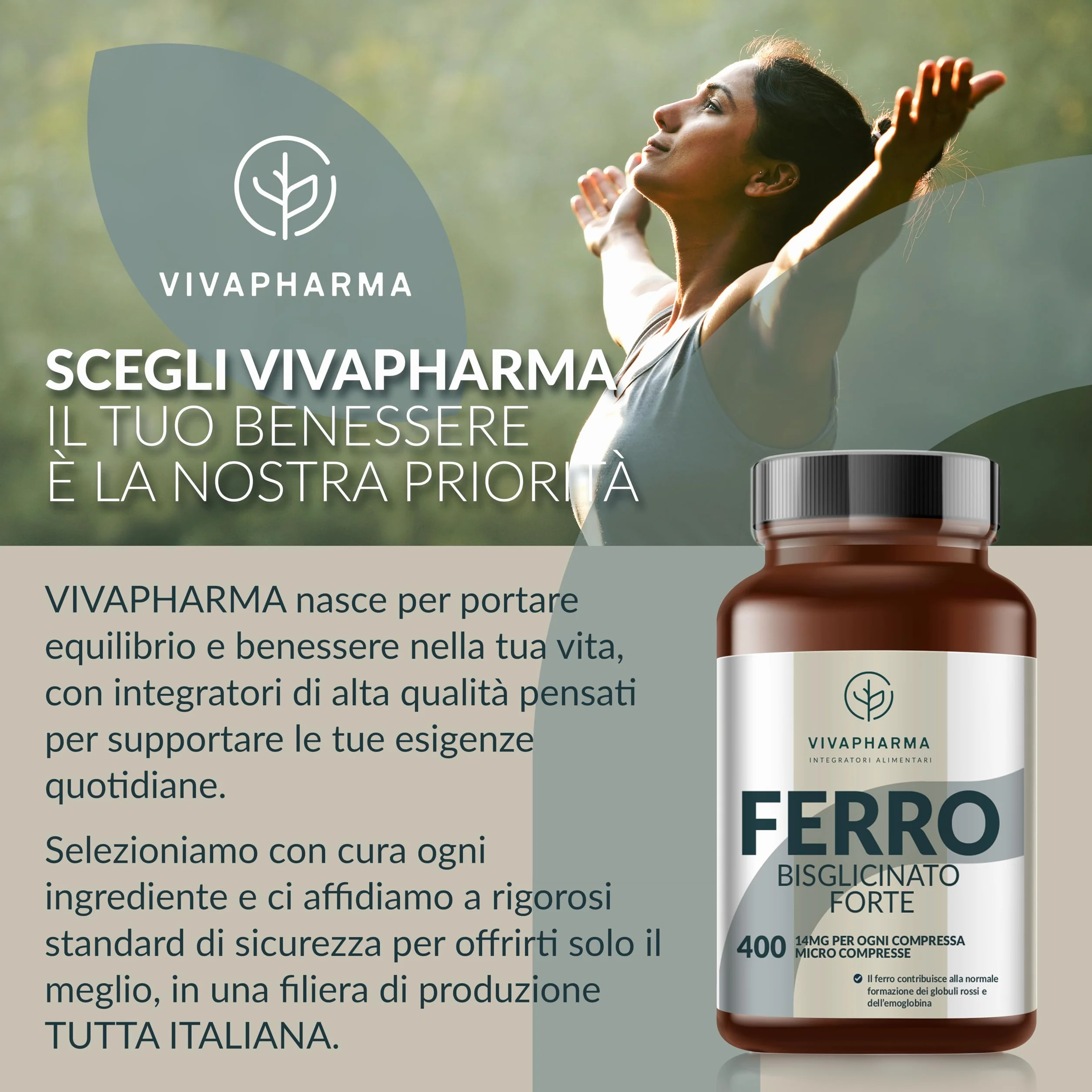 Integratore Ferro Bisglicinato per Donne e Uomini, 400 Micro Compresse Vegane 14mg per Compressa (12+ mesi) Contribuisce al Normale Metabolismo Energetico, Senza OGM e Magnesio Stearato, Made in Italy