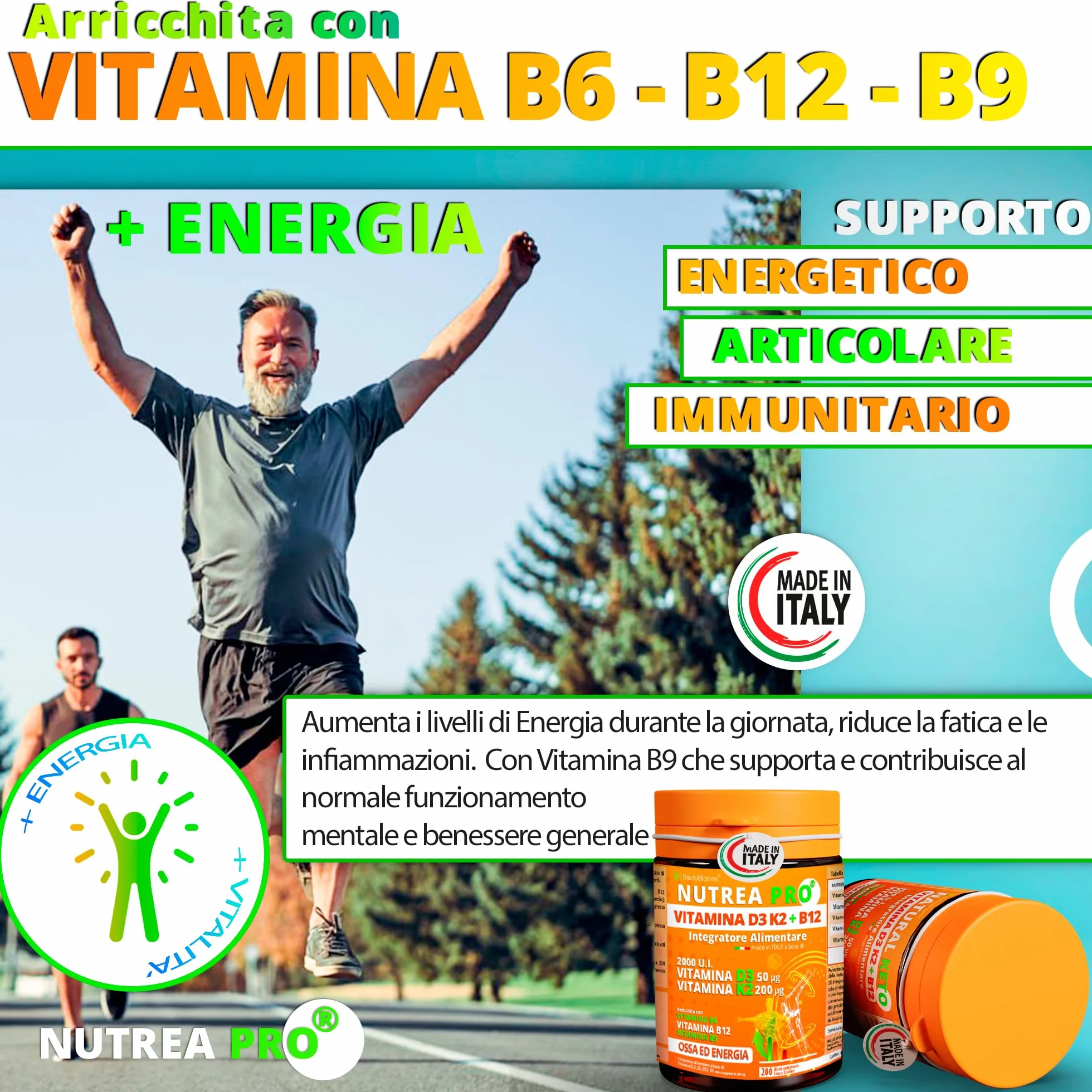Vitamina d3 k2 2000UI - 200 Micro Compresse vit d3 k2 Arricchite con B12 e Acido folico. Supporto completo per ossa, muscoli ed energia - Integratore di Vitamina D senza glutine. Made in Italy