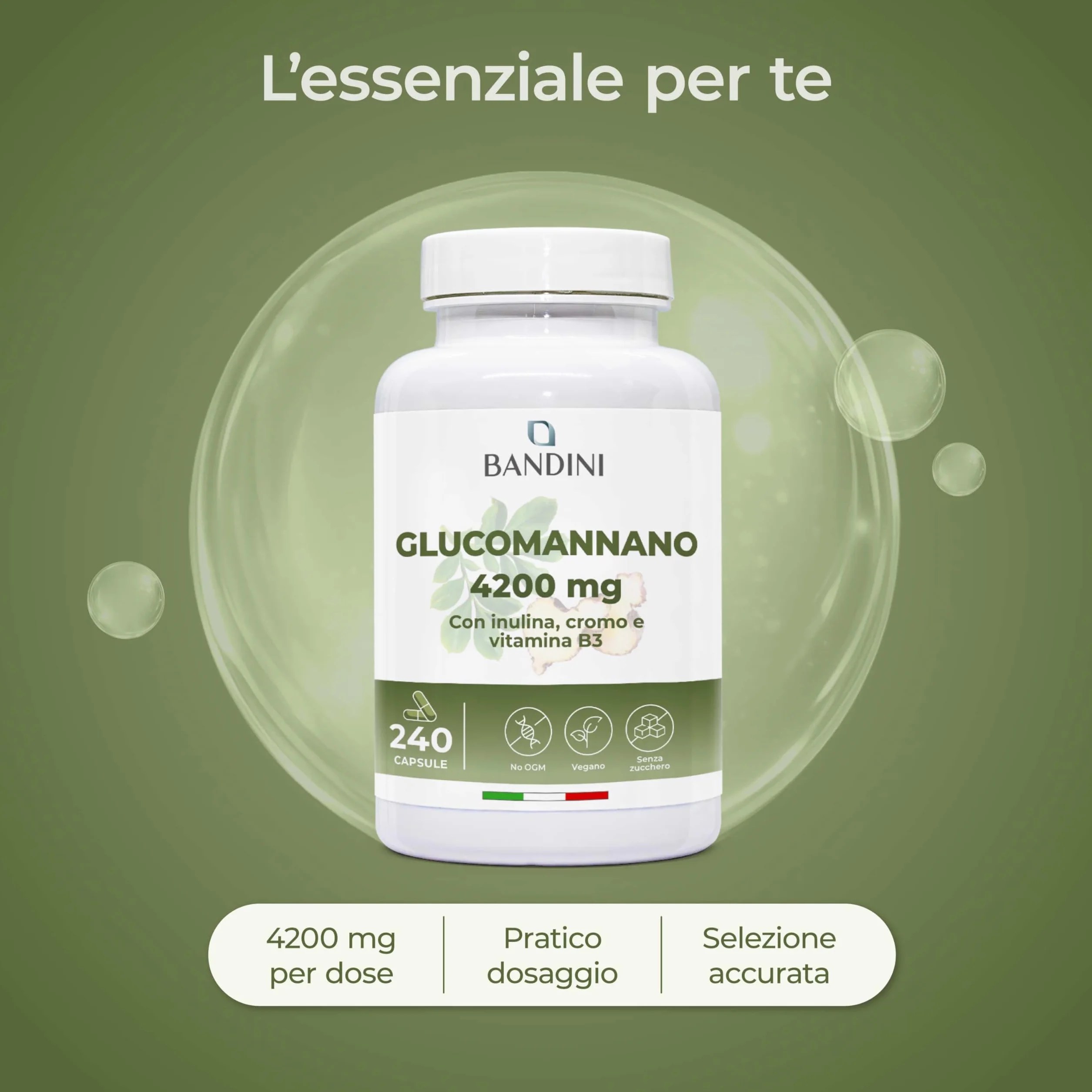 Bandini® GLUCOMANNANO FORTE 4.200 mg per Dose Giornaliera, 240 CAPSULE, Arricchito con Cromo, Vitamina B3 e Inulina, Integratore Alimentare con Formula Ad Alto Dosaggio, 100% Vegan, Made in Italy