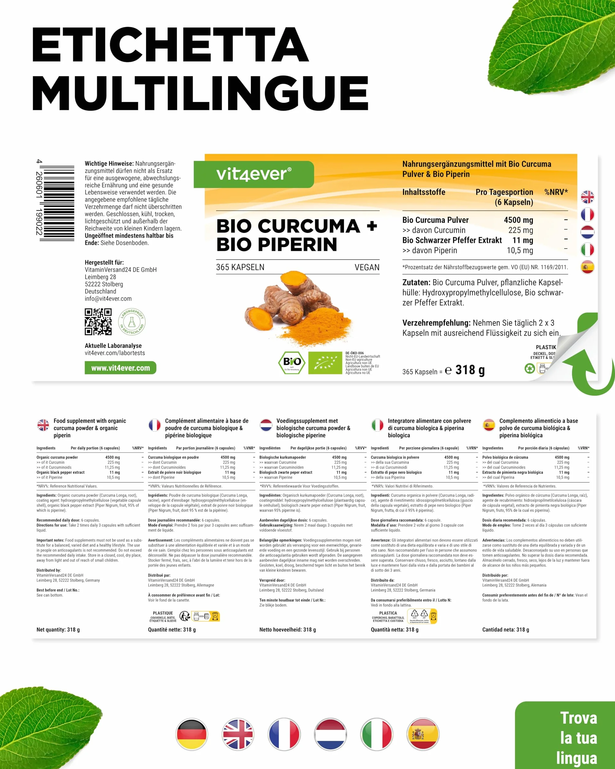 Curcuma organica con pepe nero 365 capsule 4511 mg curcumina piperina alto dosaggio vegano