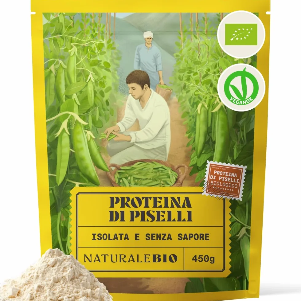 NaturaleBio Proteine di pisello 450g. Vegane, biologiche e non OGM. Ipoallergeniche e facilmente digeribili. Per la gestione del peso, il recupero e la crescita muscolare.