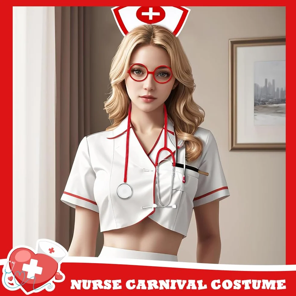 Costume infermiera Halloween Set con cappello, stetoscopio, giarrettiera, calze rosse e penna siringa