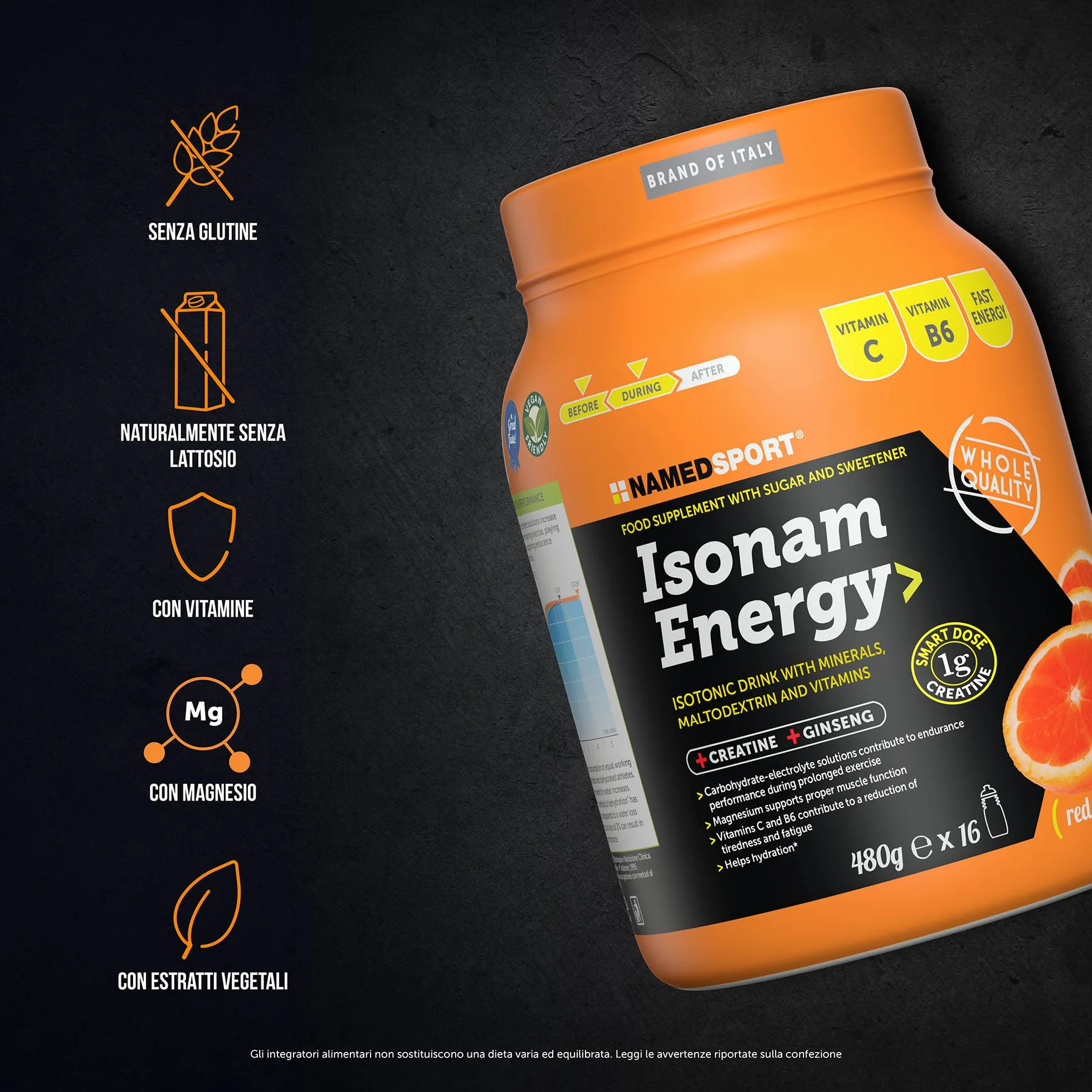 NAMEDSPORT Isonam Energy ORANGE - 480g, Aiuta ad integrare le perdite idrosaline, contribuisce al normale metabolismo energetico, 1 barattolo, contiene 1g di Creatina
