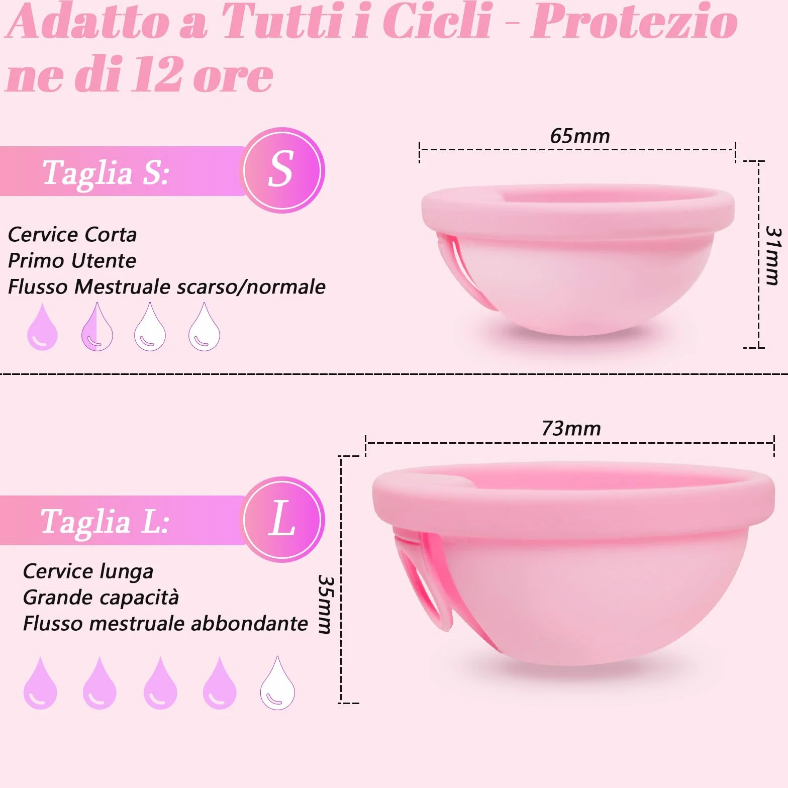 Coppetta Mestruale, 2 Pezzi (S+L) – Coppetta Mestruale Riutilizzabile in Silicone Medico 100% per Tutti i Periodi Mestruali, Senza Rischio per lo Sport e il Nuoto - Rosa