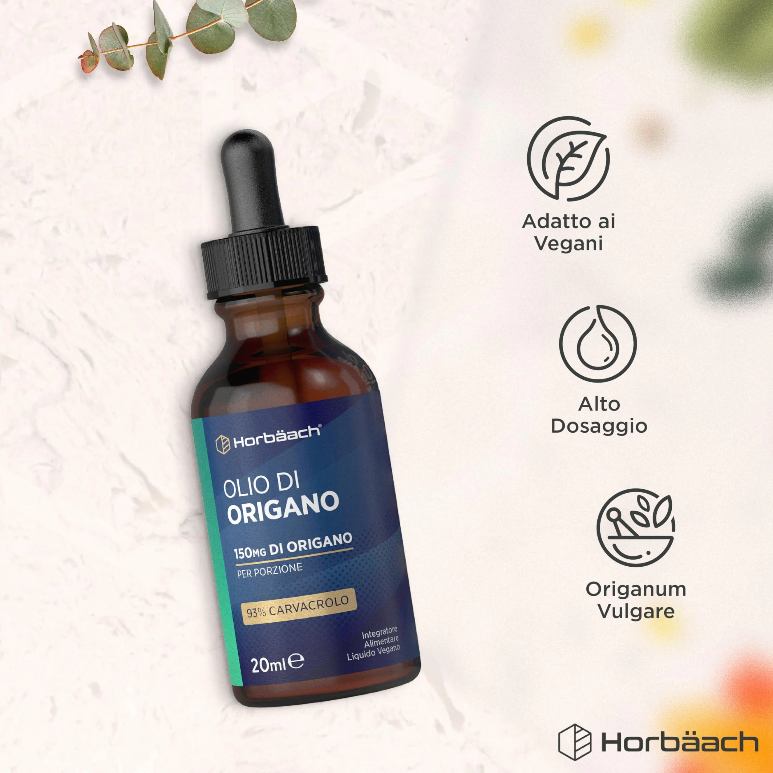 Olio di Origano Gocce 100% Puro Alto dosaggio Carvacrolo 20 ml Vegano Horbaach