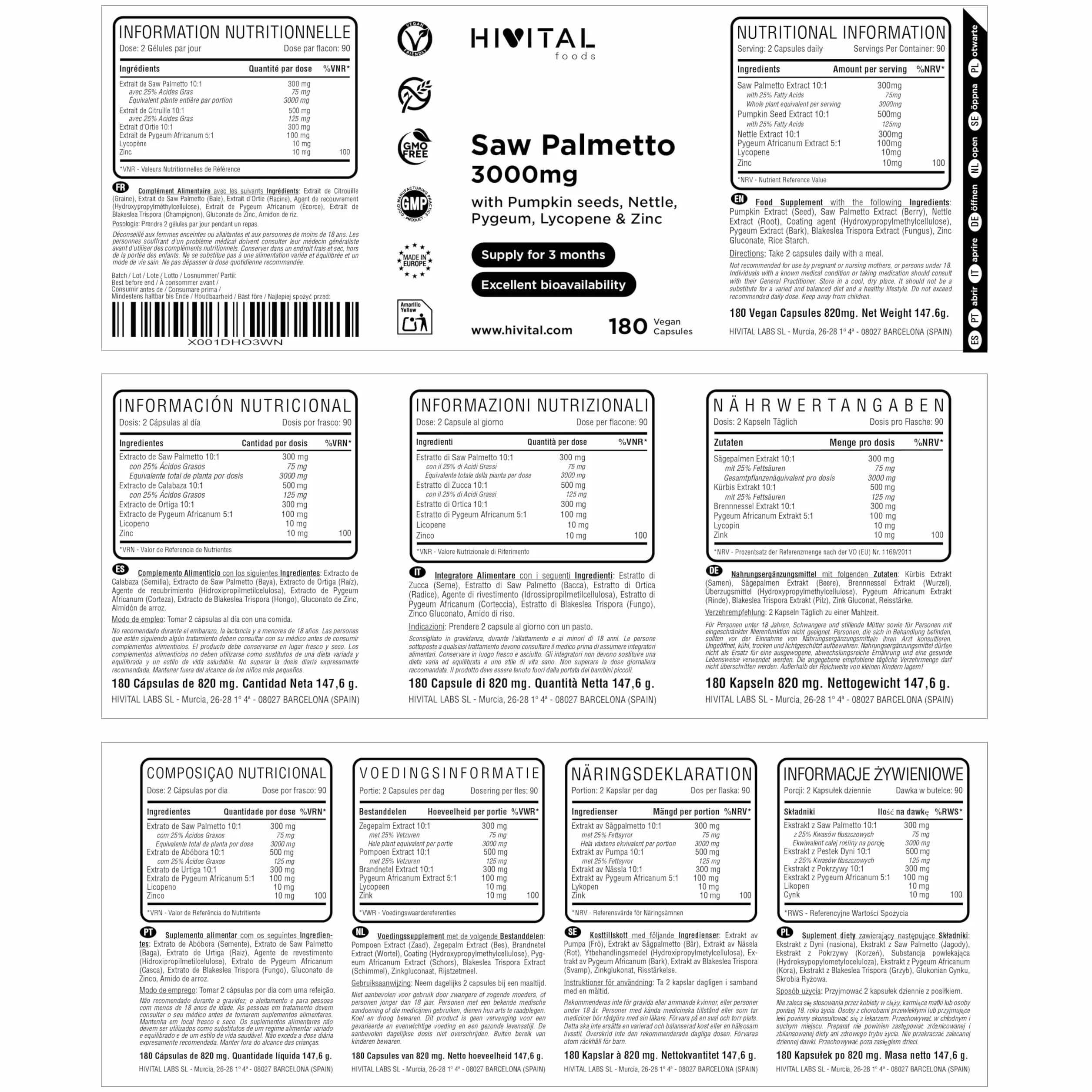 Saw Palmetto 3000 mg 180 capsule vegane Serenoa Repens Sabal Serrulata Semi di zucca Ortica Pigeum Africanum Licopene Zinco HIVITAL