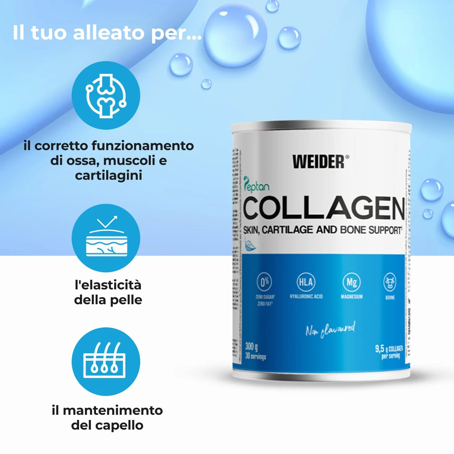 Weider Collagen 300g Collagene Bovino in Polvere con Acido Ialuronico, Magnesio e Vitamina C Peptidi di Collagene Peptan