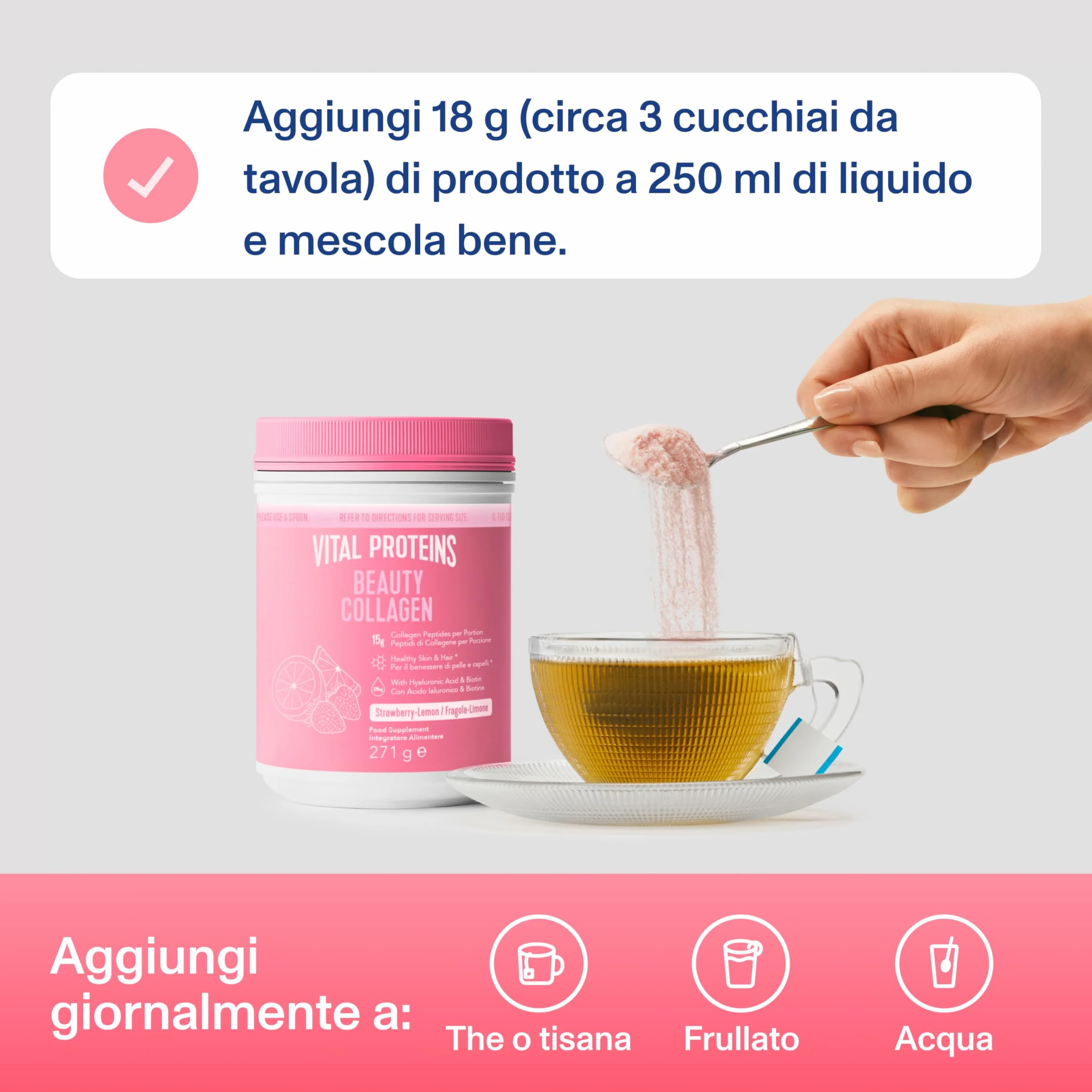Vital Proteins Beauty Collagen integratore collagene idrolizzato polvere fragola limone 15g peptidi per porzione 271g