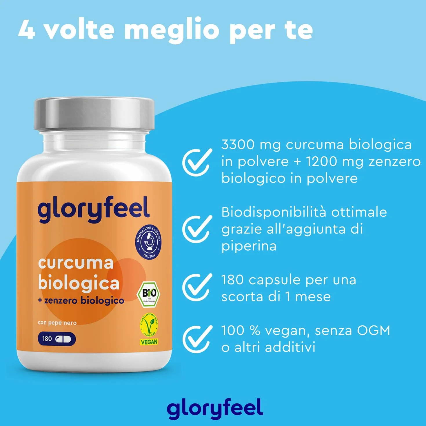 Curcuma Alto Dosaggio 3330 mg 180 Capsule Curcumina Pepe Nero Zenzero Integratore Bio Antiossidante