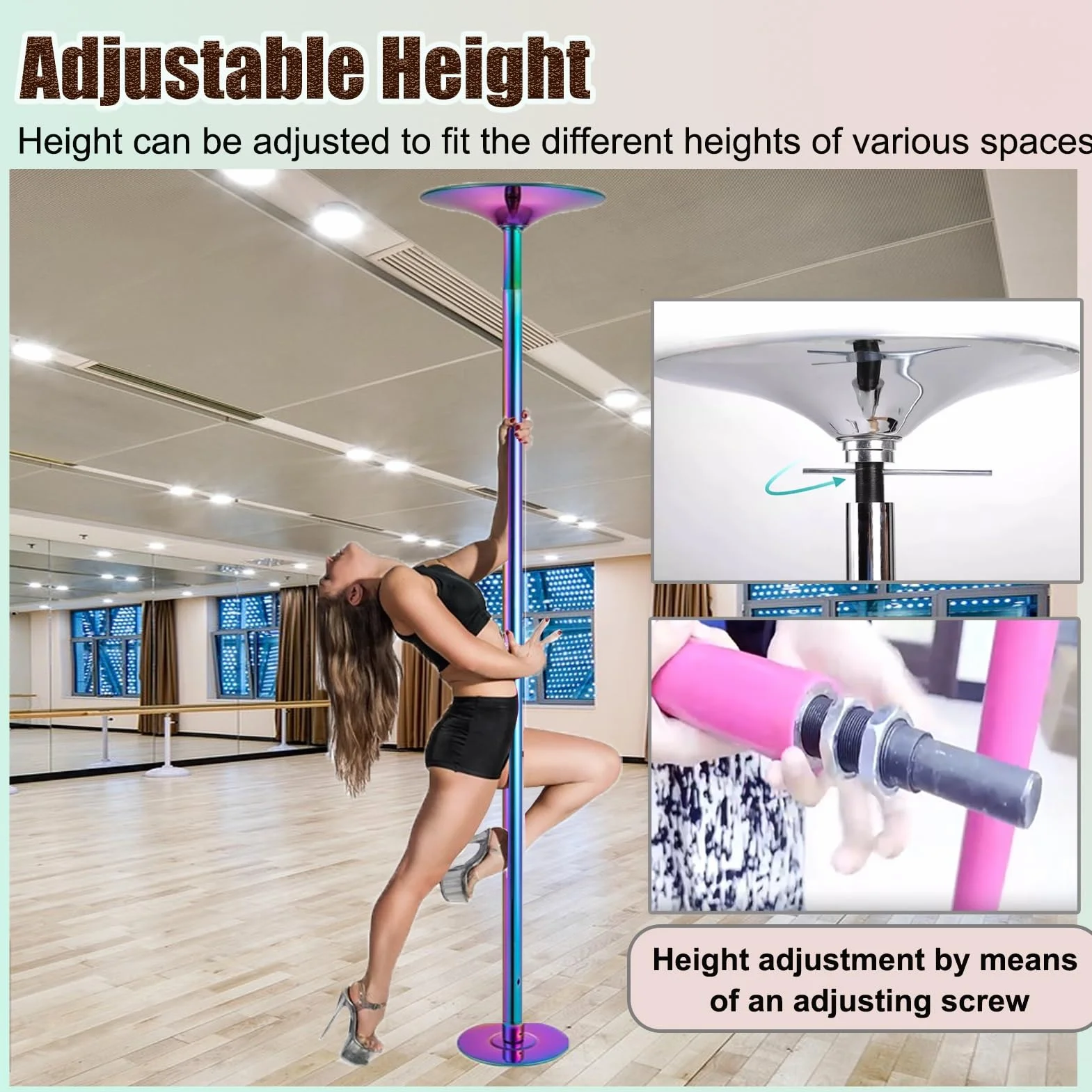Palo Pole Dance da Casa Colorato con Barra di Estensione 360° Girevole per Moquette Soffitti 40cm