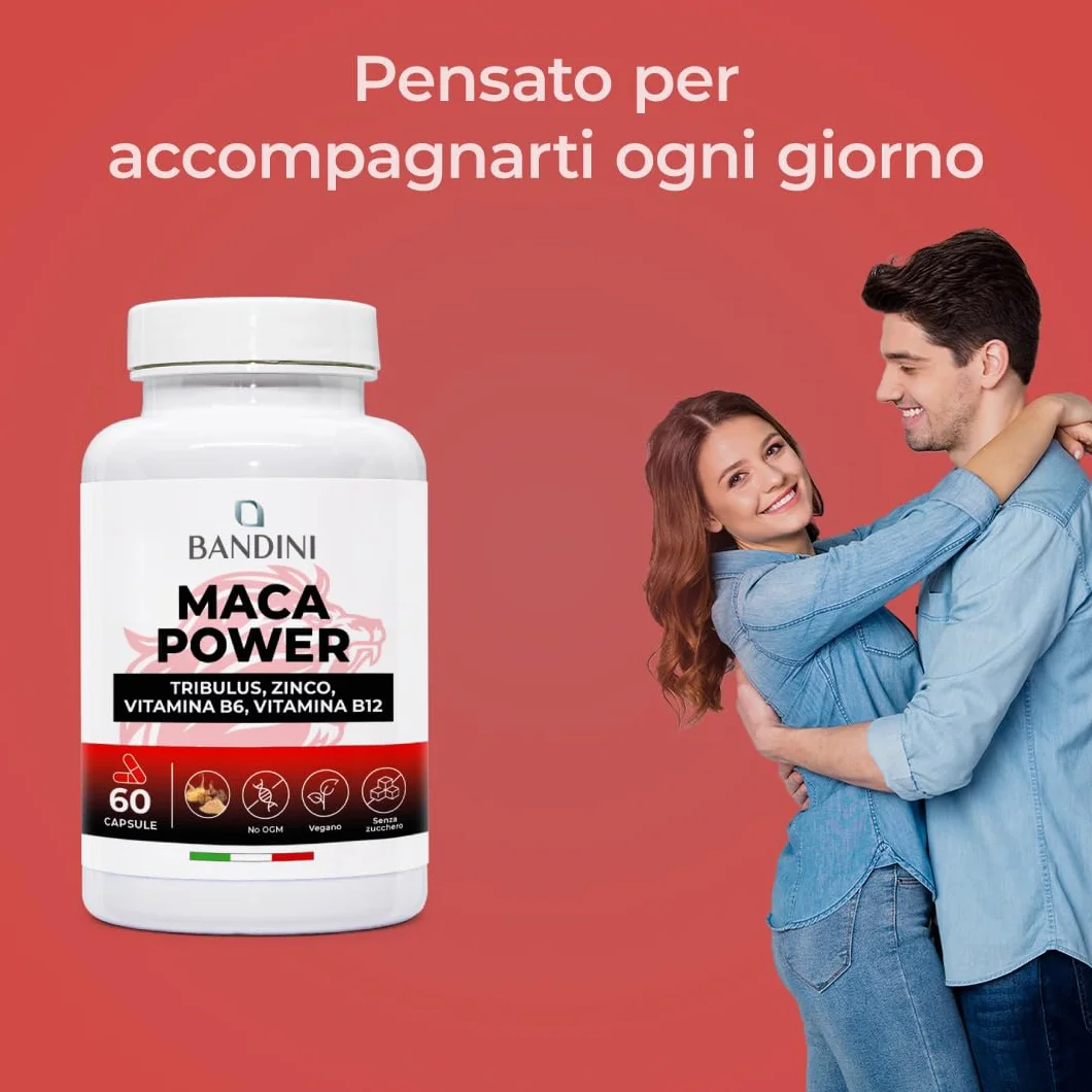 Bandini® MACA POWER Peruviana, 60 Capsule 100% Vegane, Complesso ad Alto Dosaggio con Tribulus, Arginina, Zinco, Vitamina B6 e B12 - Stanchezza Fisica e Mentale, Energia, Sport - Made in Italy