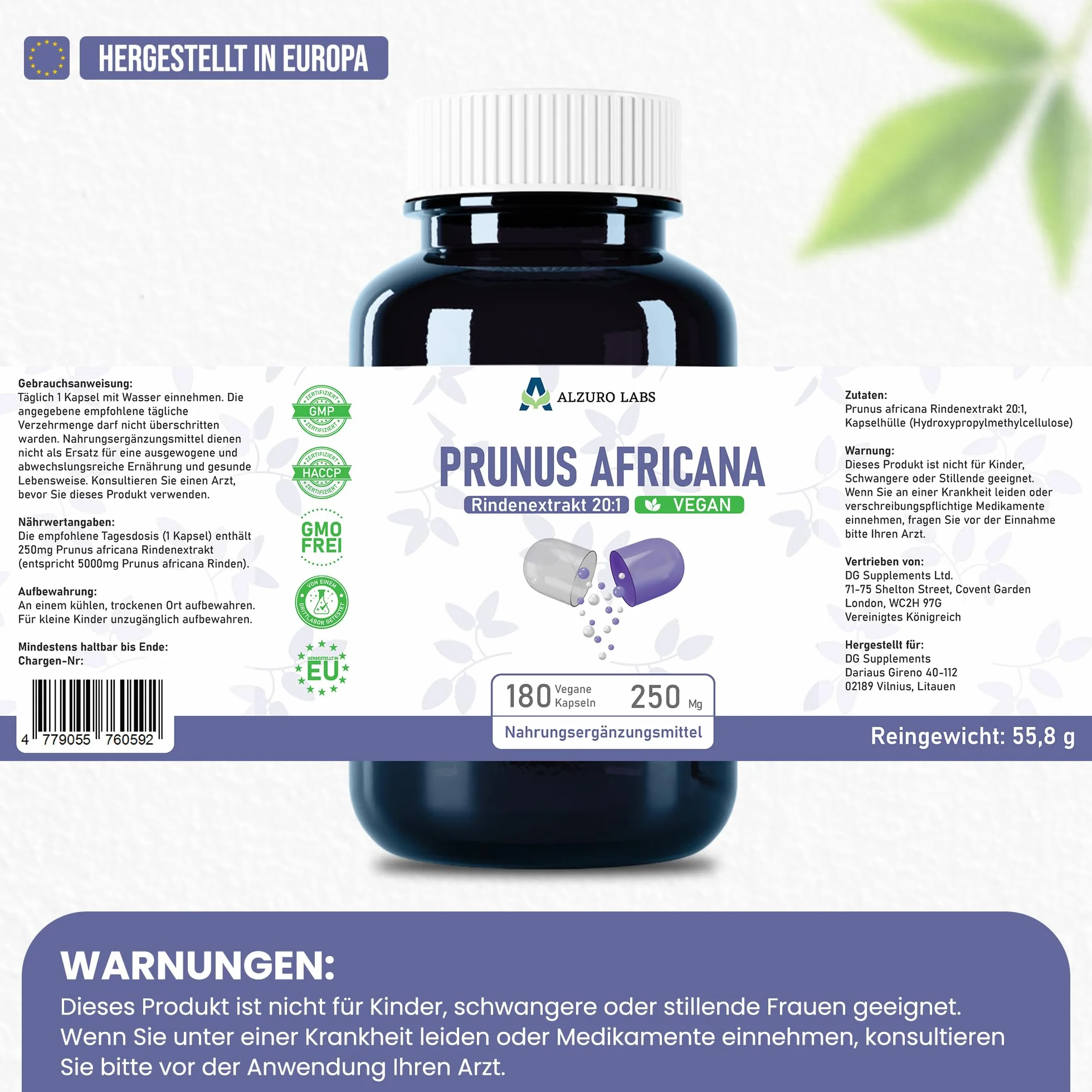 Pygeum africanum 5.000 mg equiv. 20:1 estratto corteccia 250 mg 13% fitosteroli 180 capsule vegane Benessere maschile