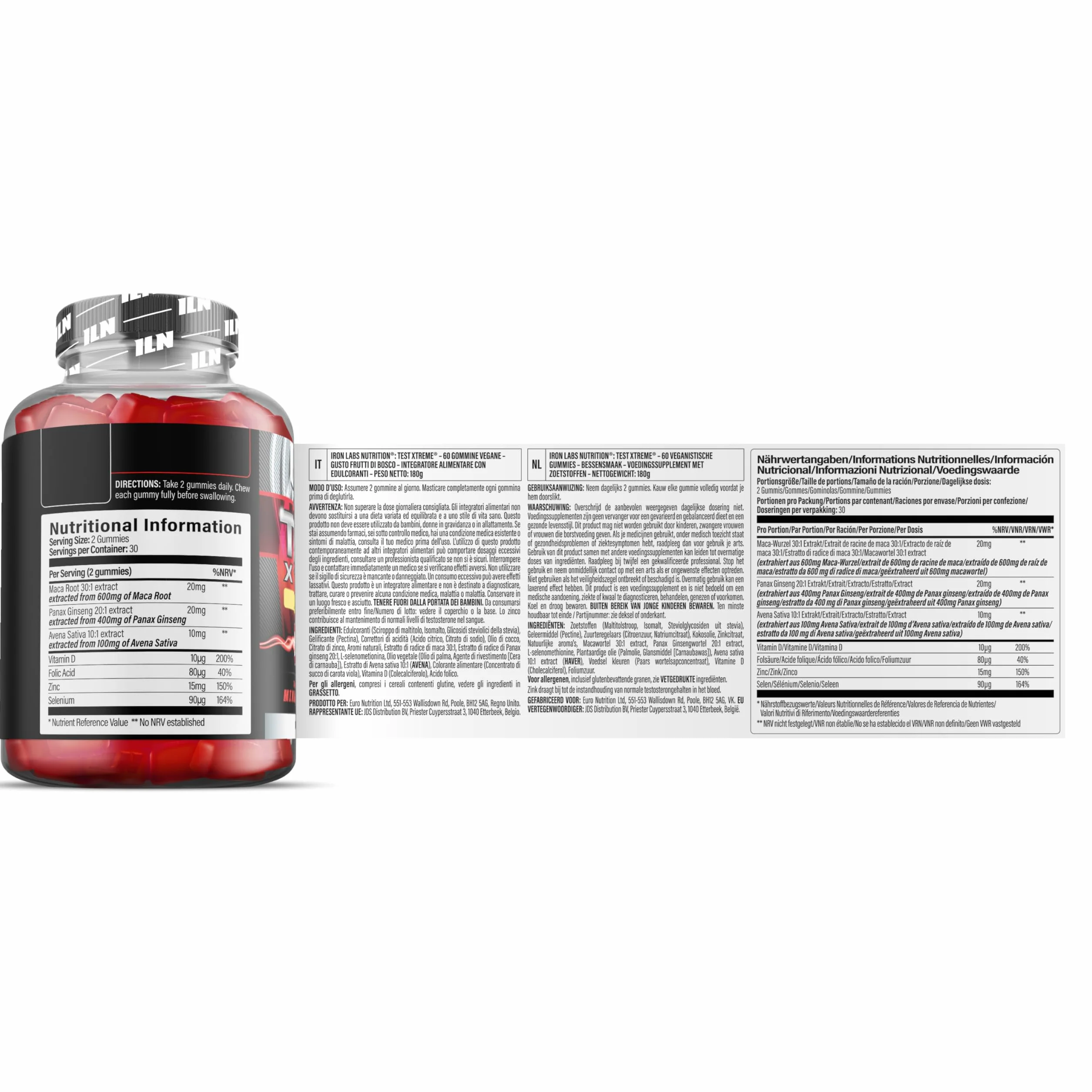 Test Xtreme Gommose Uomo - Maca 30:1, Ginseng, Zinco - Senza Zuccheri, Gusto Frutti di Bosco - 60 Gommose Vegane