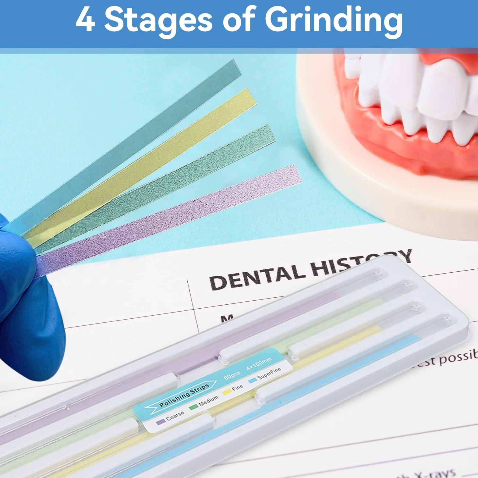 60 Strisce Abrasive Dentali, 4 X 150 Mm, 4 Tipi Strisce per Lucidatura Dentale Grossolane E Fini Carta Abrasiva, Faccette Dentali per La Cura Orale per Lo Sbiancamento Dei Denti, Pulizia Profonda Kit