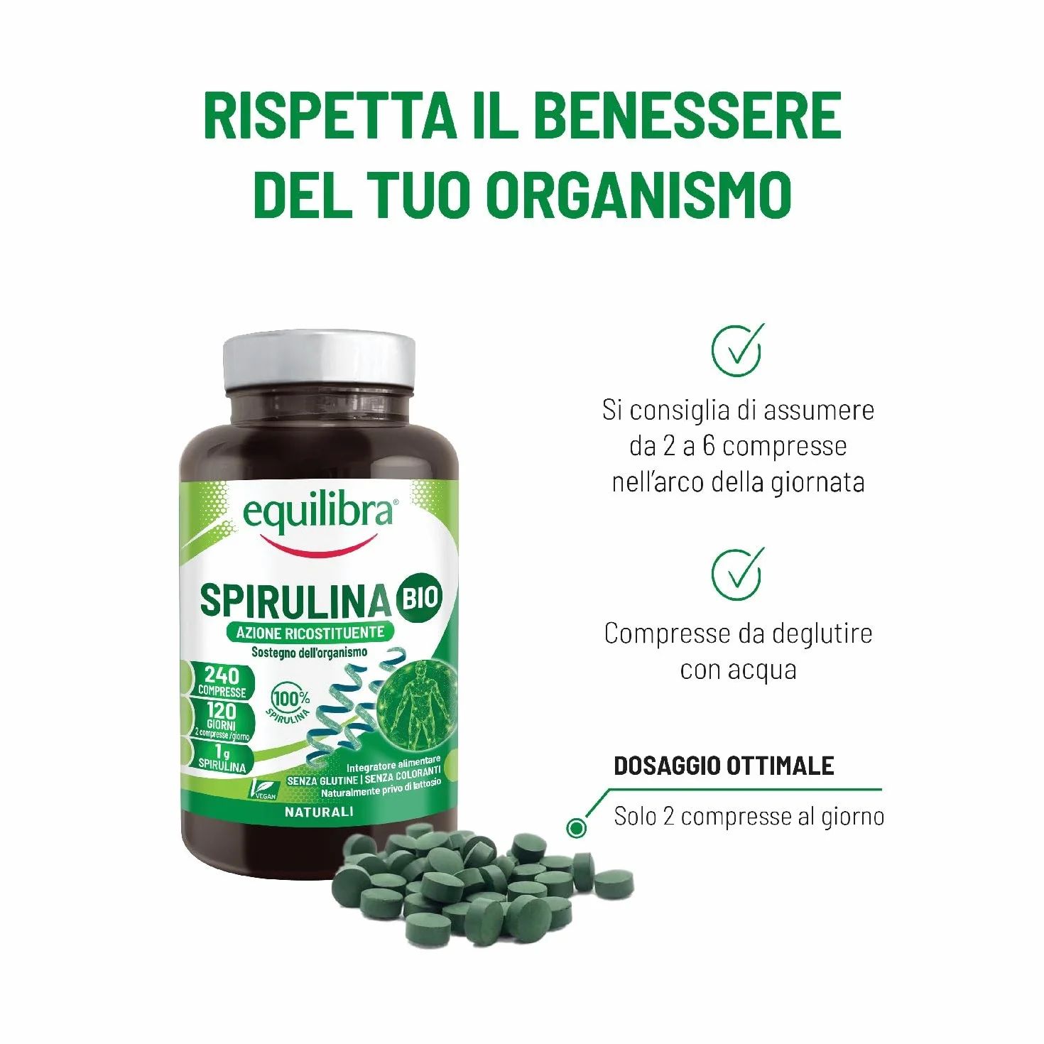 Equilibra Spirulina Bio Integratore Alimentare Compresse 240, 1g per Dose, Vegan