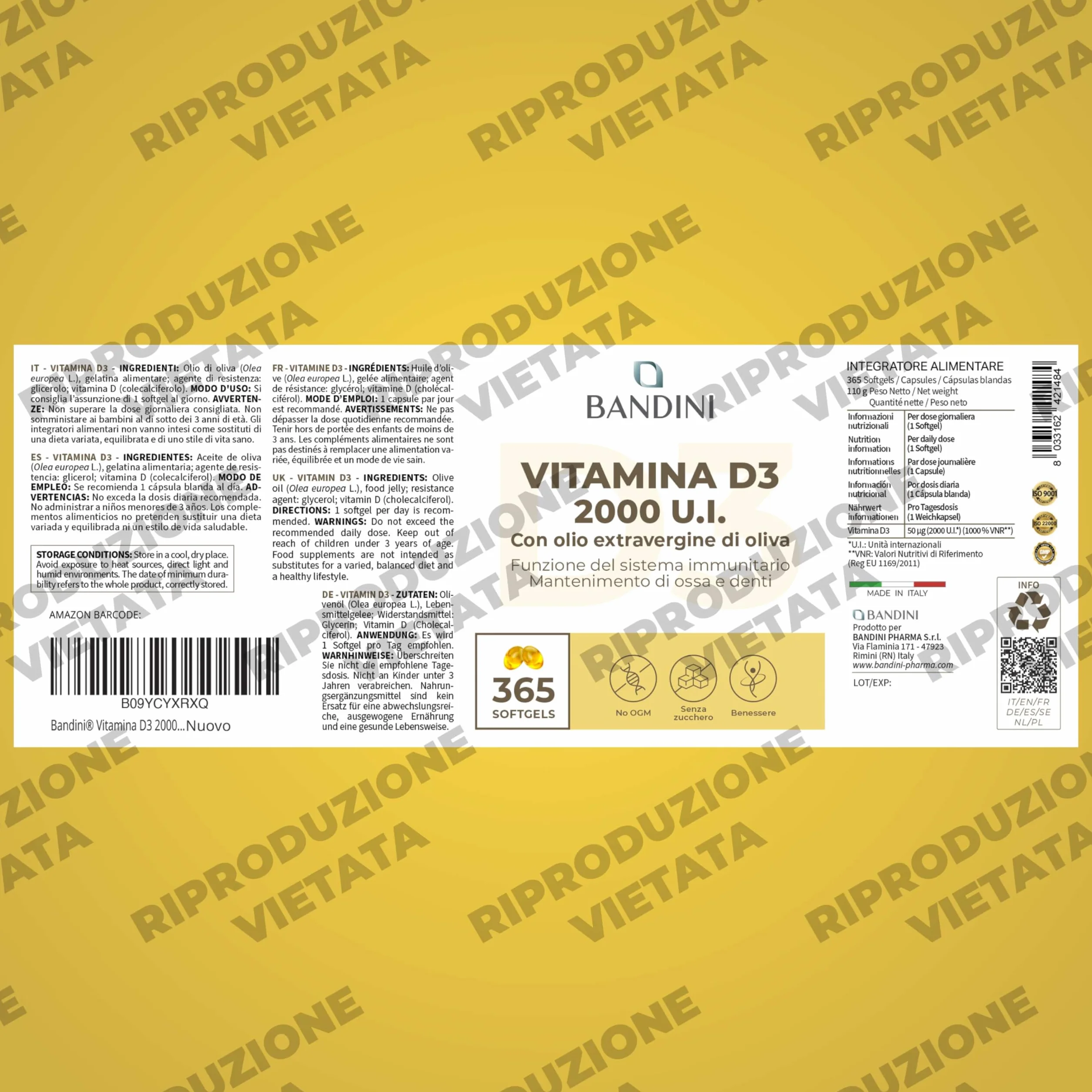 Bandini® Vitamina D3 2000 UI 365 Softgels, Alto Dosaggio 50μg, Vitamine D Colecalciferolo in perle, In Olio Extravergine di Oliva per Assorbimento Ottimale, Ossa, Denti, Muscoli, Sistema immunitario