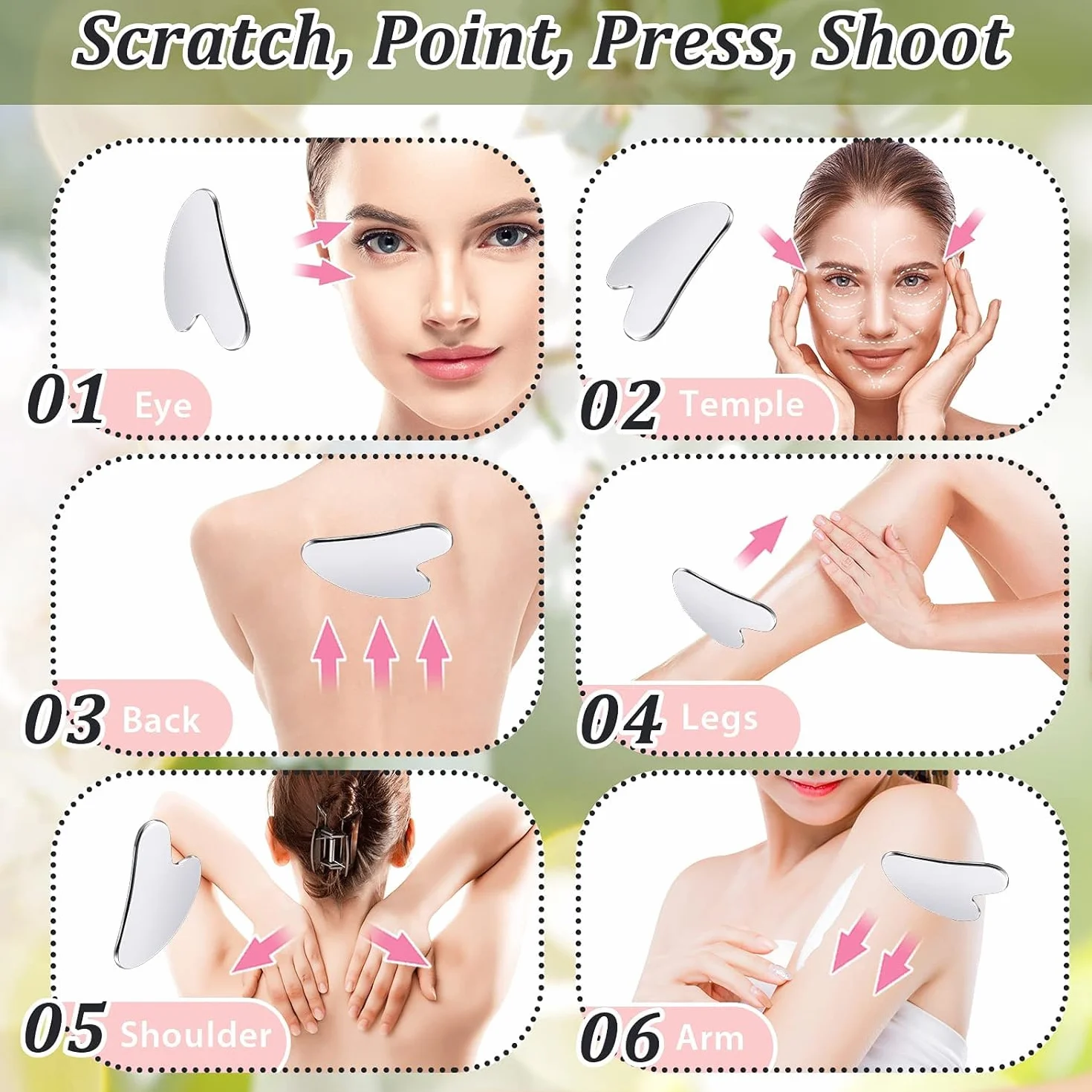 Gua Sha Acciaio Inossidabile GuaSha Viso, Durevole metallo Massaggio Viso Corpo, Antirughe Riduce il Gonfiore Strumento Raschietto per Massaggio