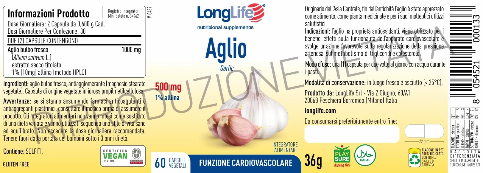 LongLife® Aglio | Estratto vegetale titolato all'1% in alliina | 1000mg dose giornaliera | Funzione cardiovascolare, pressione arteriosa, trigliceridi | 1 mese di trattamento | Senza glutine e vegano